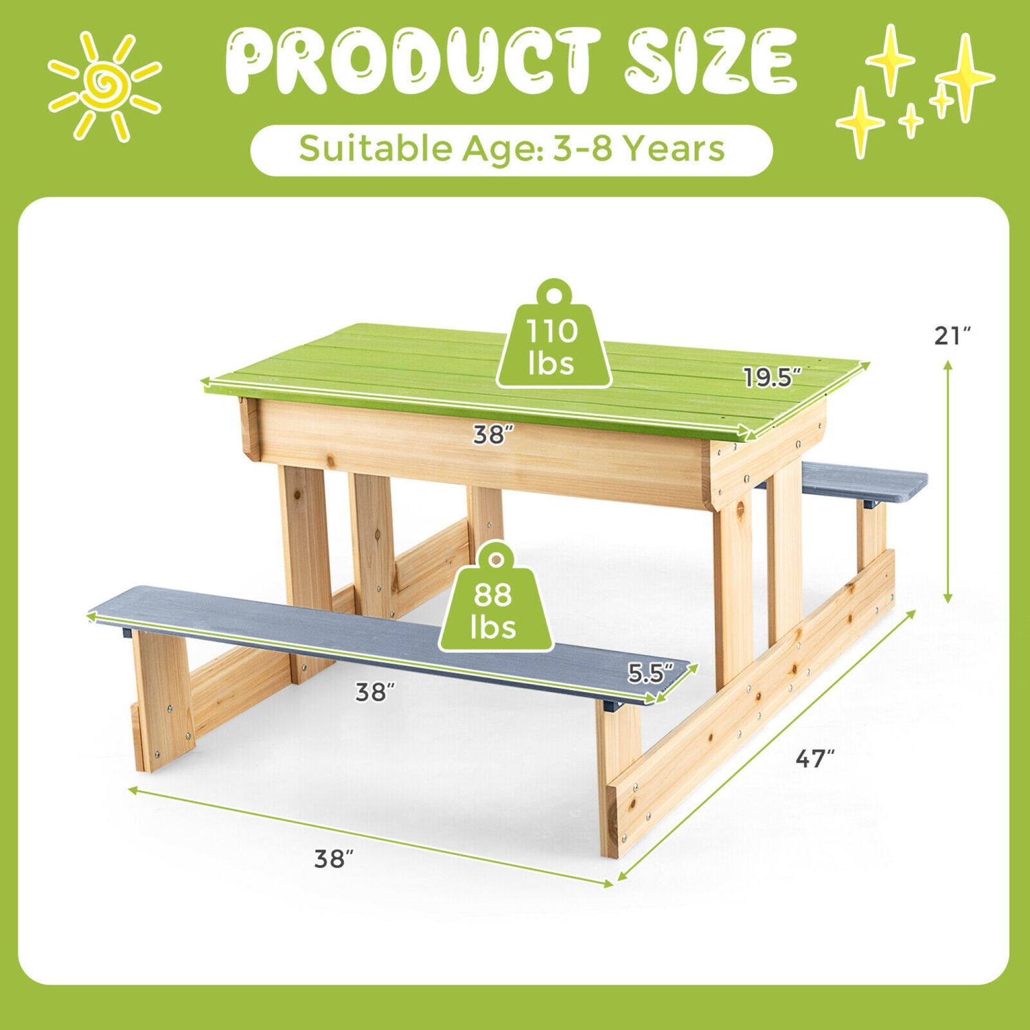 Gymax 3-in-1 Kids Picnic Table Outdoor Wooden Water Sand Table w/ Play Boxes