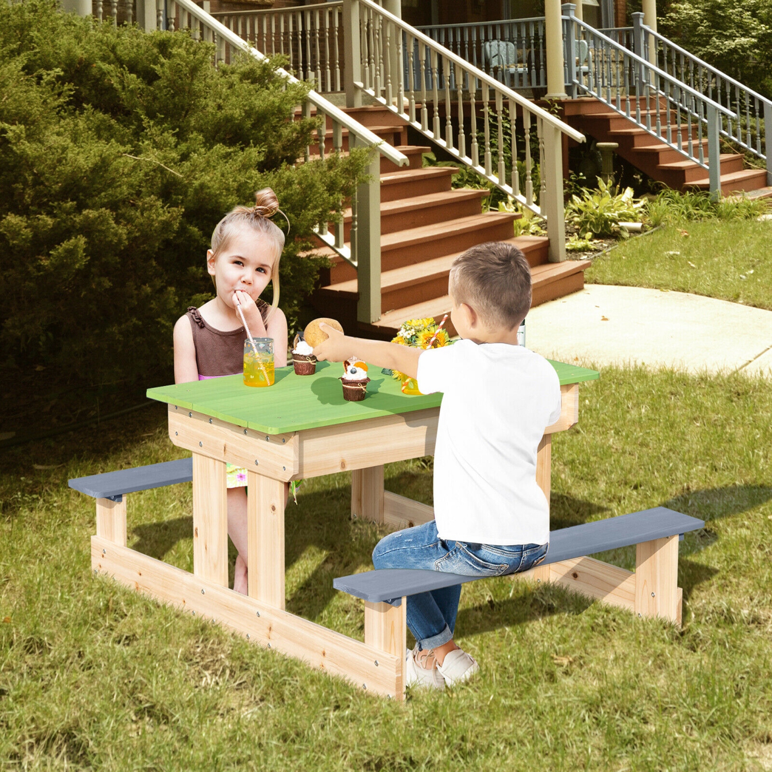 Gymax 3-in-1 Kids Picnic Table Outdoor Wooden Water Sand Table w/ Play Boxes