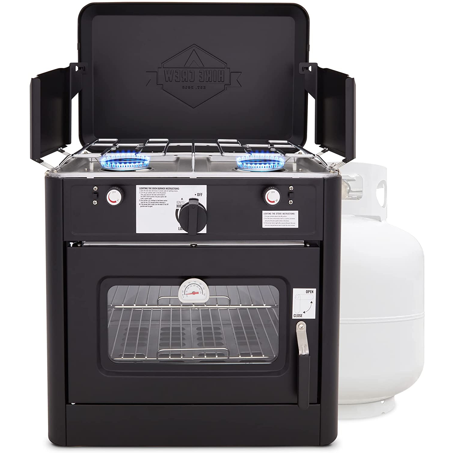 Hike Crew Outdoor Gas Camping Oven w/Carry Bag | 2-in-1 Portable Propane-Powered Stovetop & Oven w/ 2-Burner Cooktop Range, Auto Ignition, Overheat