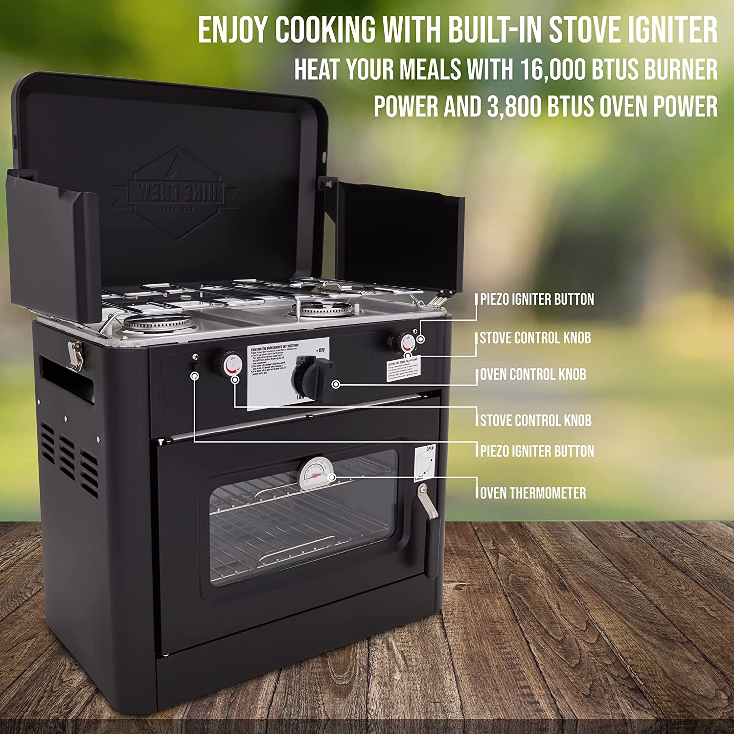 Hike Crew Outdoor Gas Camping Oven w/Carry Bag | 2-in-1 Portable Propane-Powered Stovetop & Oven w/ 2-Burner Cooktop Range, Auto Ignition, Overheat