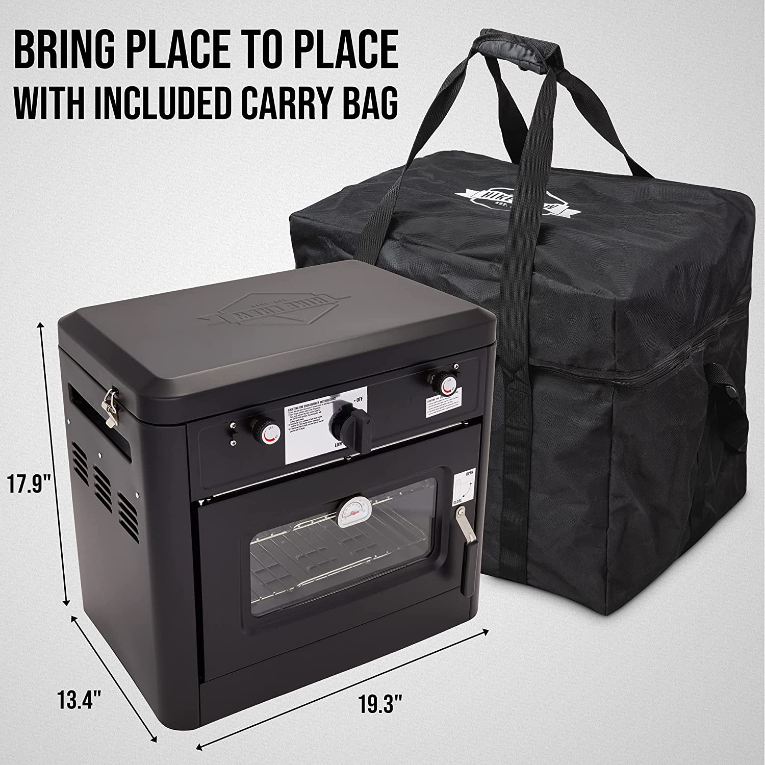 Hike Crew Outdoor Gas Camping Oven w/Carry Bag | 2-in-1 Portable Propane-Powered Stovetop & Oven w/ 2-Burner Cooktop Range, Auto Ignition, Overheat