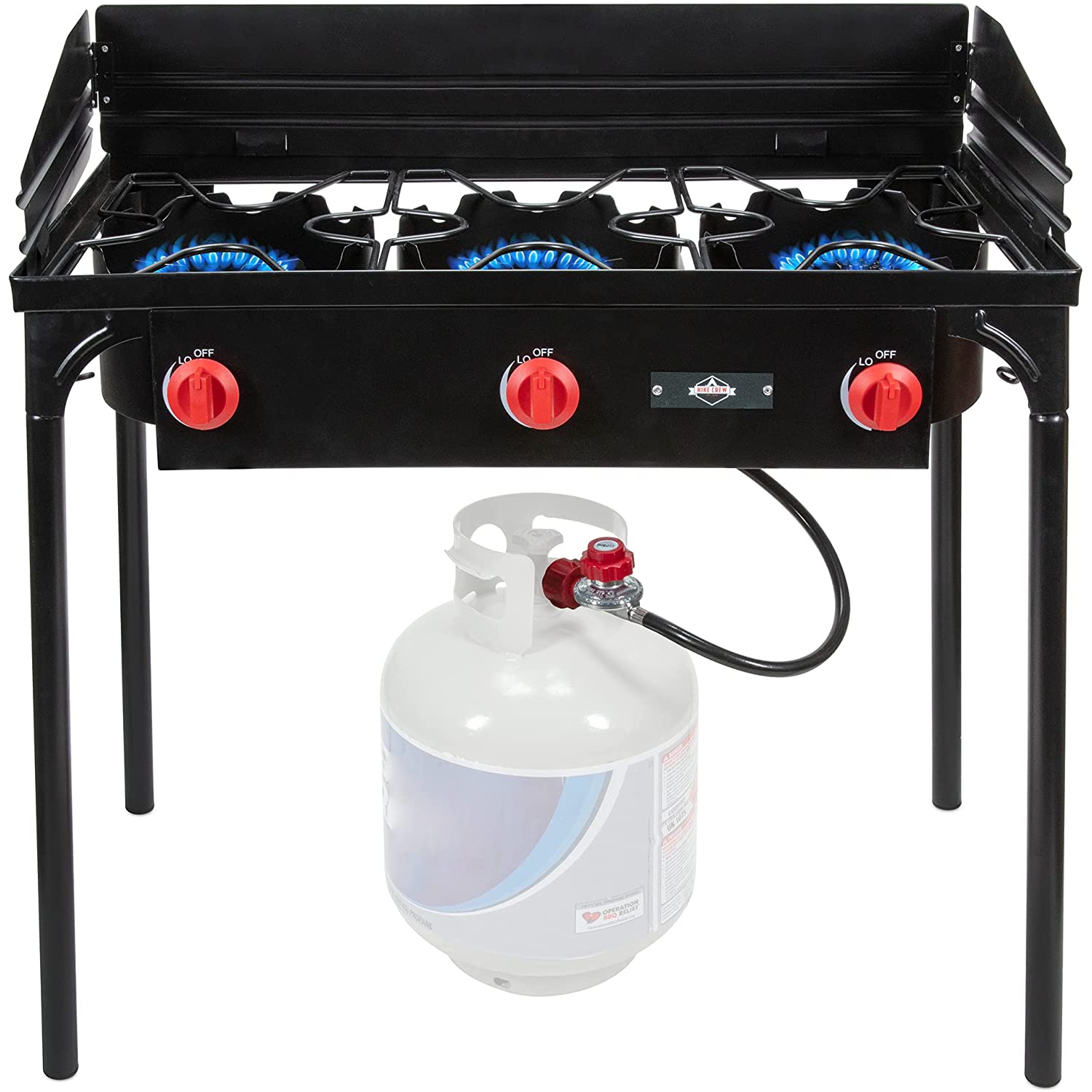 Hike Crew Cast Iron 3-Burner Outdoor Gas Stove | 225,000 BTU Portable Propane-Powered Cooktop with Removable Legs, Temperature Control Knobs, Wind Panels, Hose, Regulator & Storage Carry Case