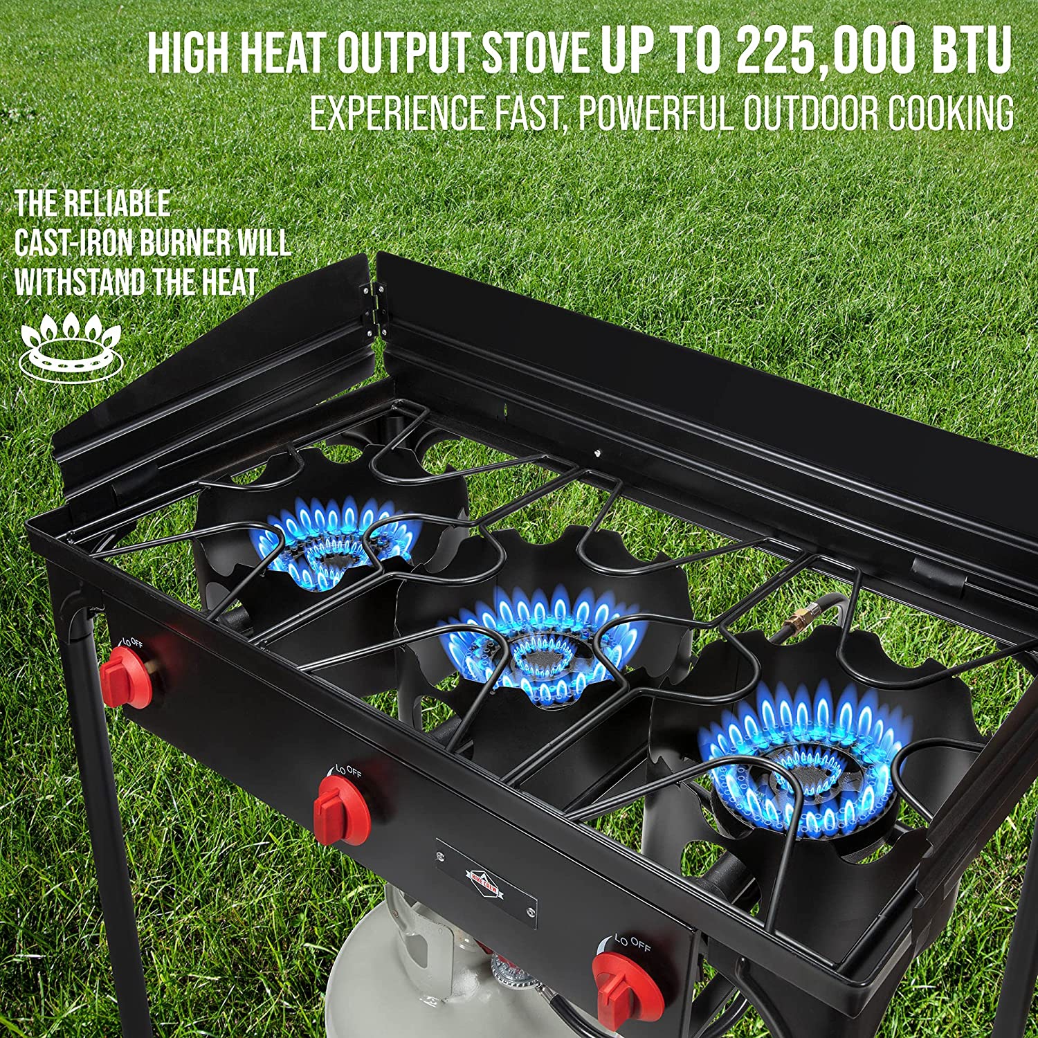 Hike Crew Cast Iron 3-Burner Outdoor Gas Stove | 225,000 BTU Portable Propane-Powered Cooktop with Removable Legs, Temperature Control Knobs, Wind