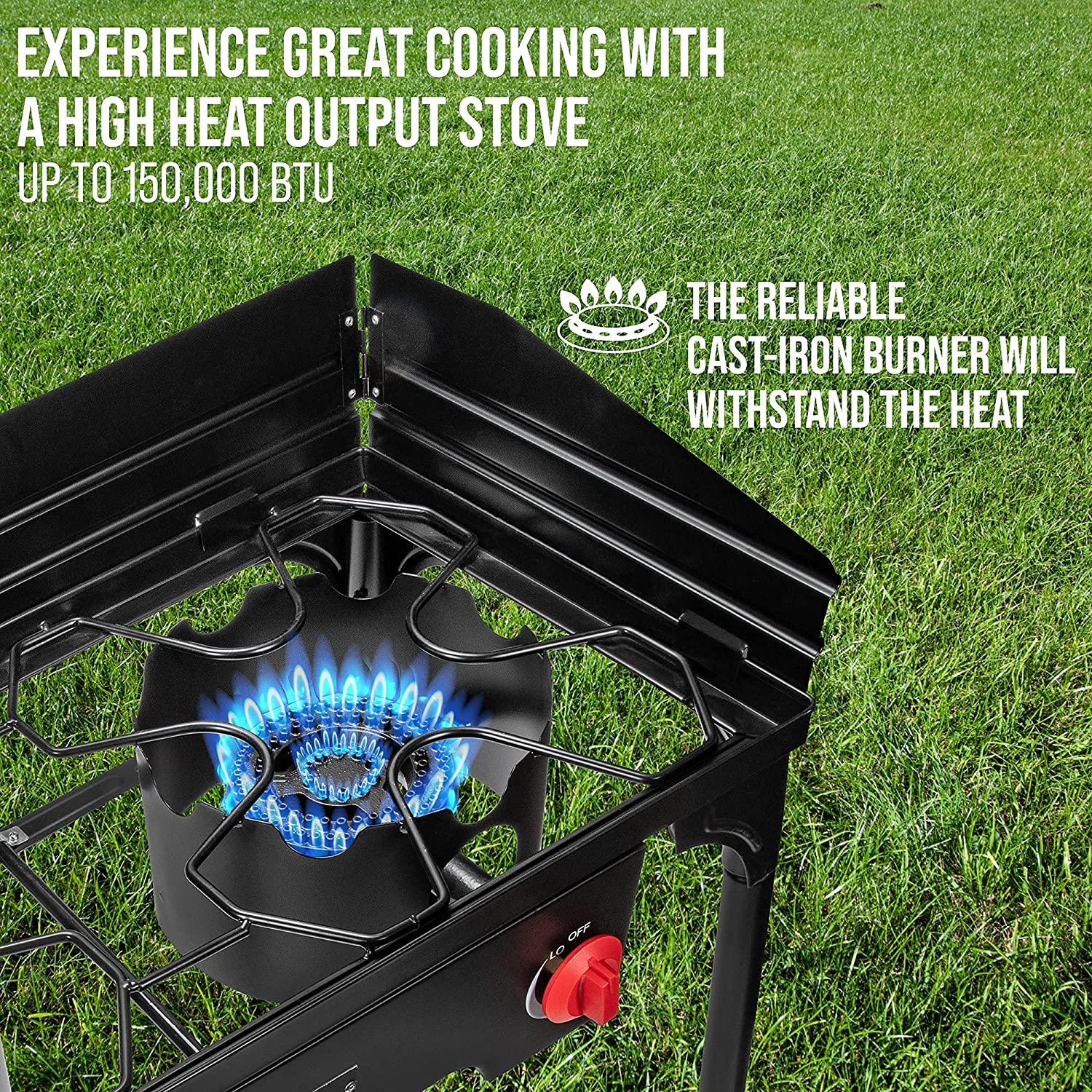 Hike Crew Cast Iron Double-Burner Outdoor Gas Stove | 150,000 BTU Portable Propane-Powered Cooktop with Removable Legs, Temperature Control Knobs,