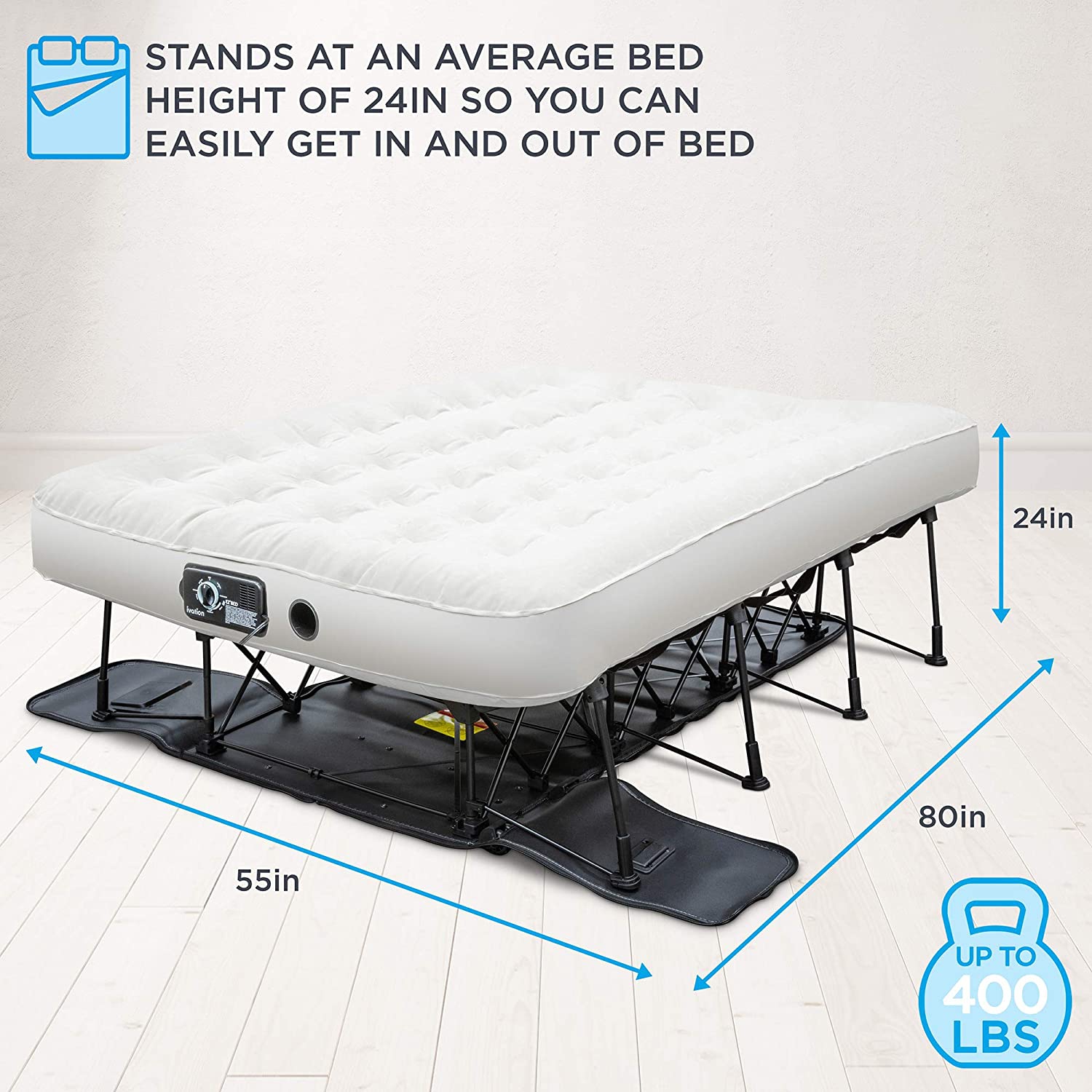 Ivation EZ-Bed Air Mattress with Frame & Rolling Case, Self Inflatable, Blow Up Bed Auto Shut-Off, Comfortable Surface AirBed, Best for Guest,