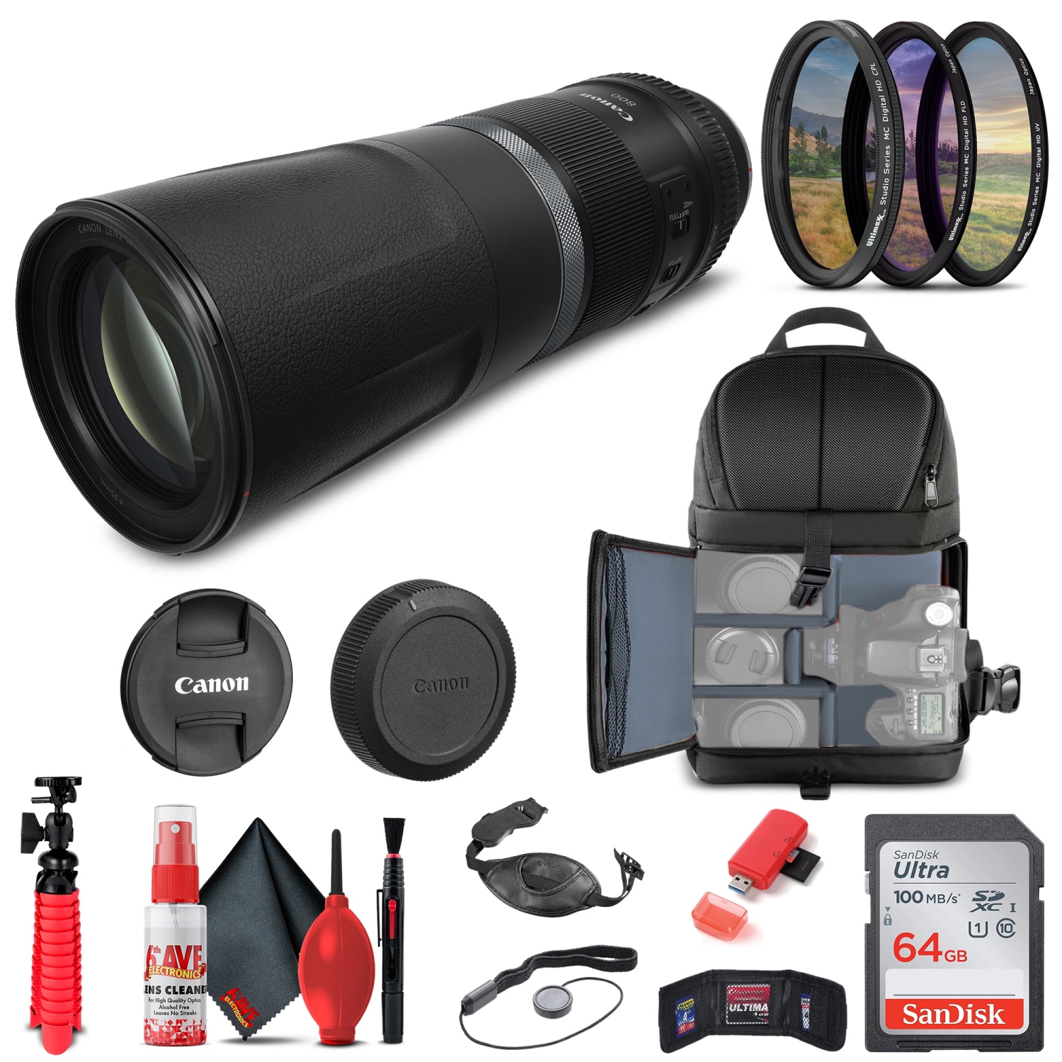 Canon RF 800mm f/11 IS STM Lens + BackPack + 64GB Card + More