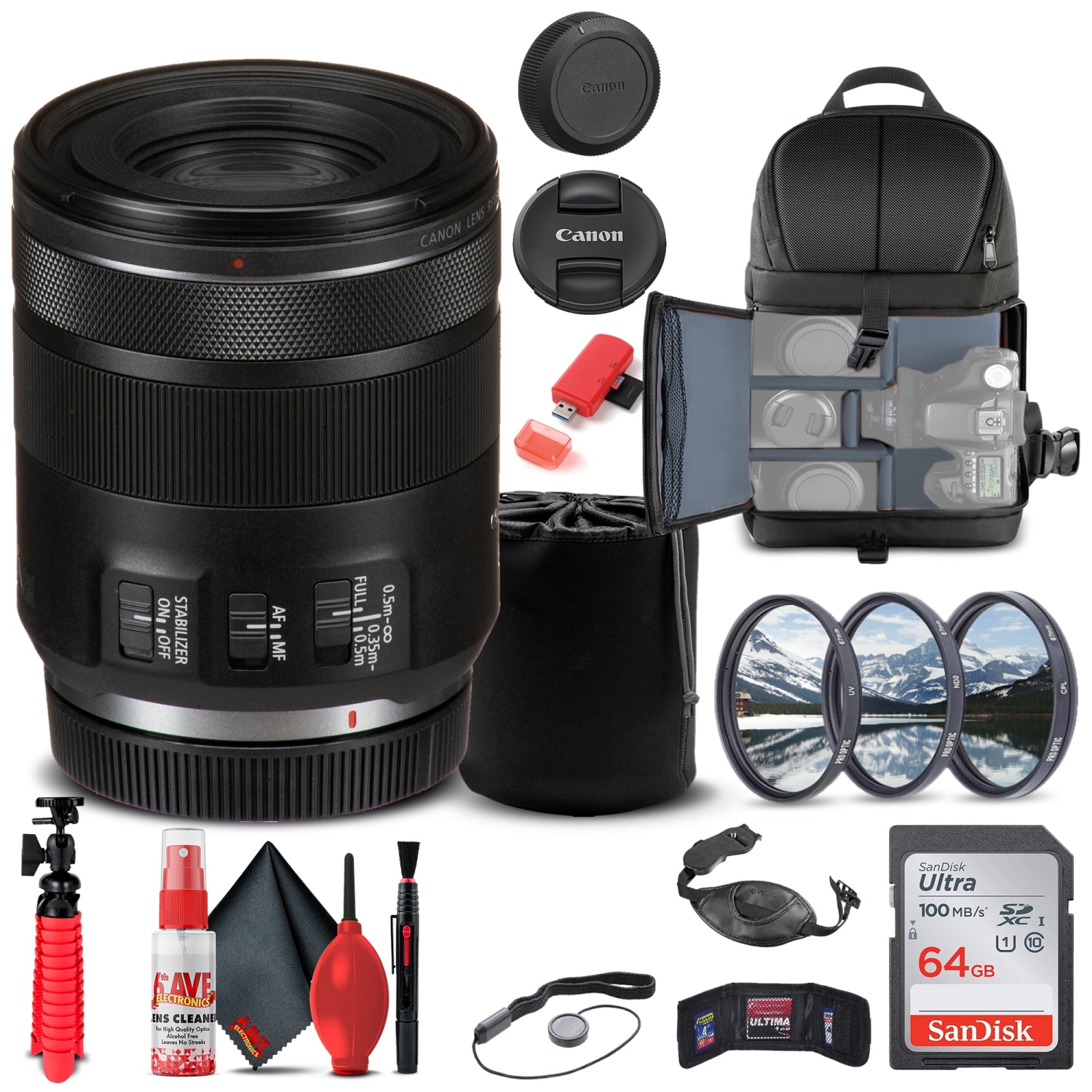 Canon RF 85mm f/2 Macro IS STM Lens + Filter Kit + BackPack + More (International Version)