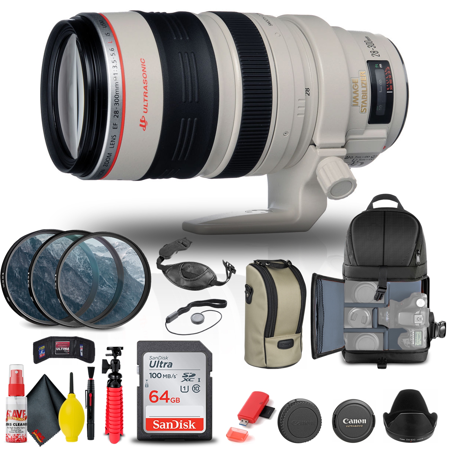 Canon EF 28-300mm f/3.5-5.6L IS USM Lens + Filter Kit + Pro Sling Backpack Bundle