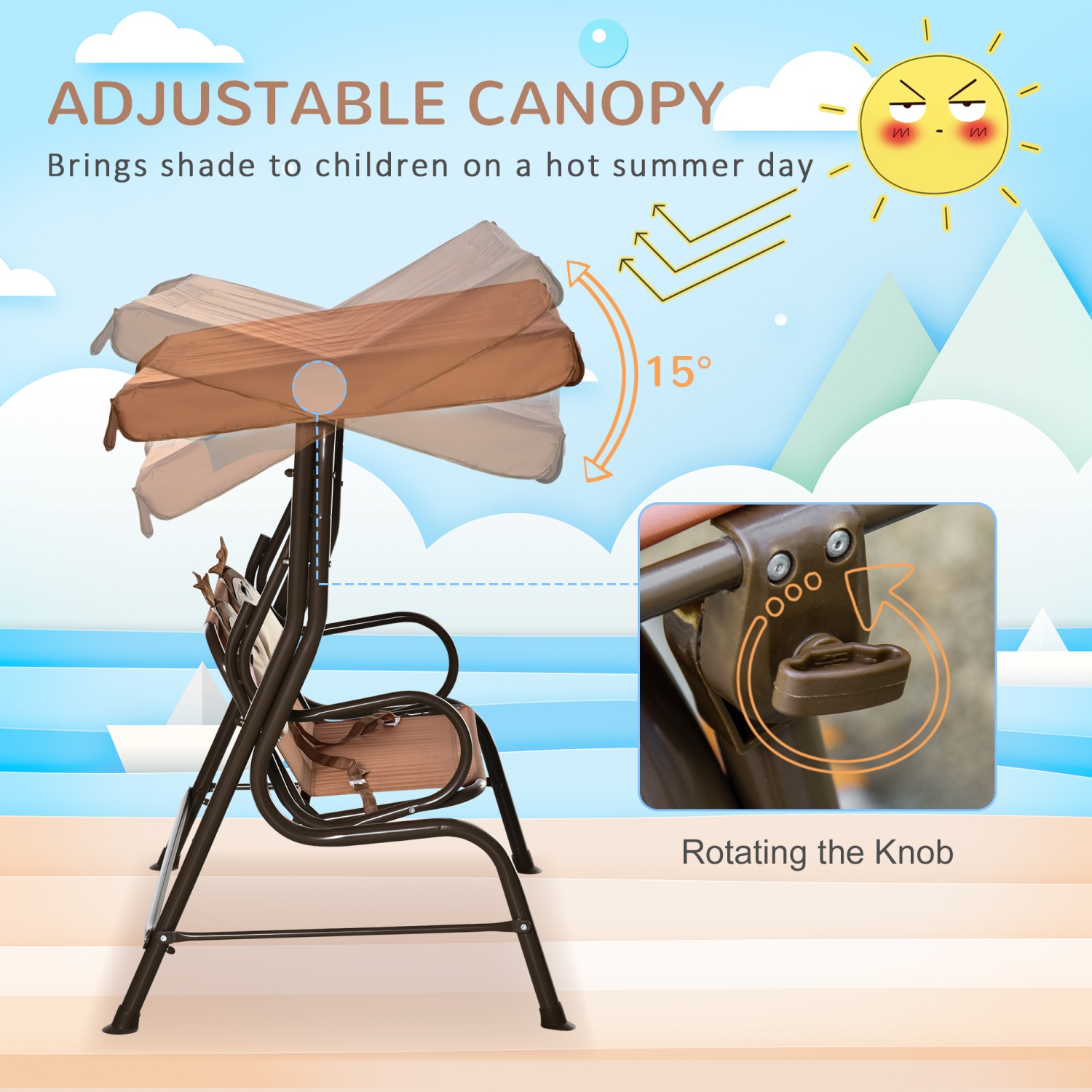 Outsunny 2-Seat Kids Patio Swing Chair, Children Outdoor Patio Lounge Chair, for Garden Porch, with Adjustable Canopy, Seat Belt, Monkey Pattern, for