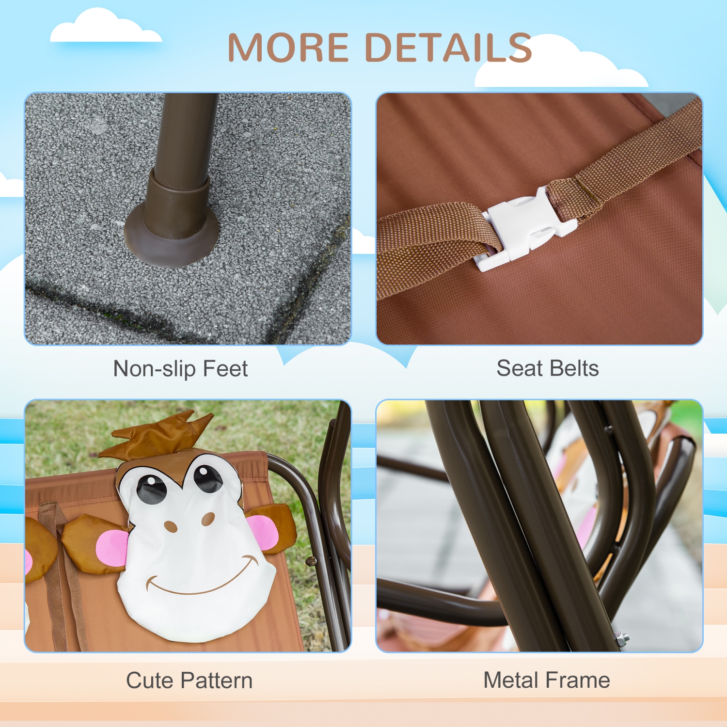 Outsunny 2-Seat Kids Patio Swing Chair, Children Outdoor Patio Lounge Chair, for Garden Porch, with Adjustable Canopy, Seat Belt, Monkey Pattern, for