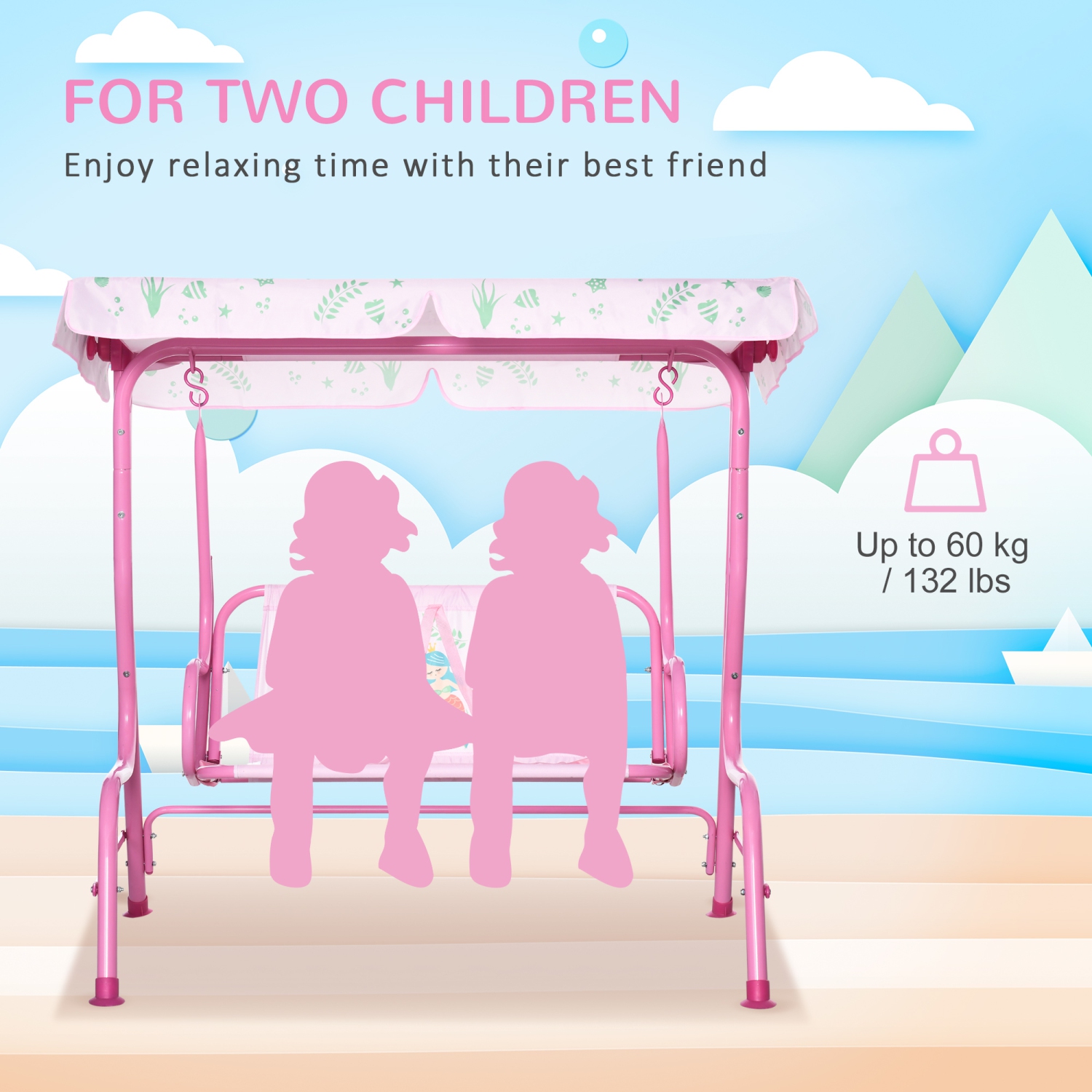 Outsunny 2-Seat Kids Swing Chair, Children Outdoor Patio Lounge Chair with Canopy, for Garden Porch, with Adjustable Awning, Seat Belt, Mermaid
