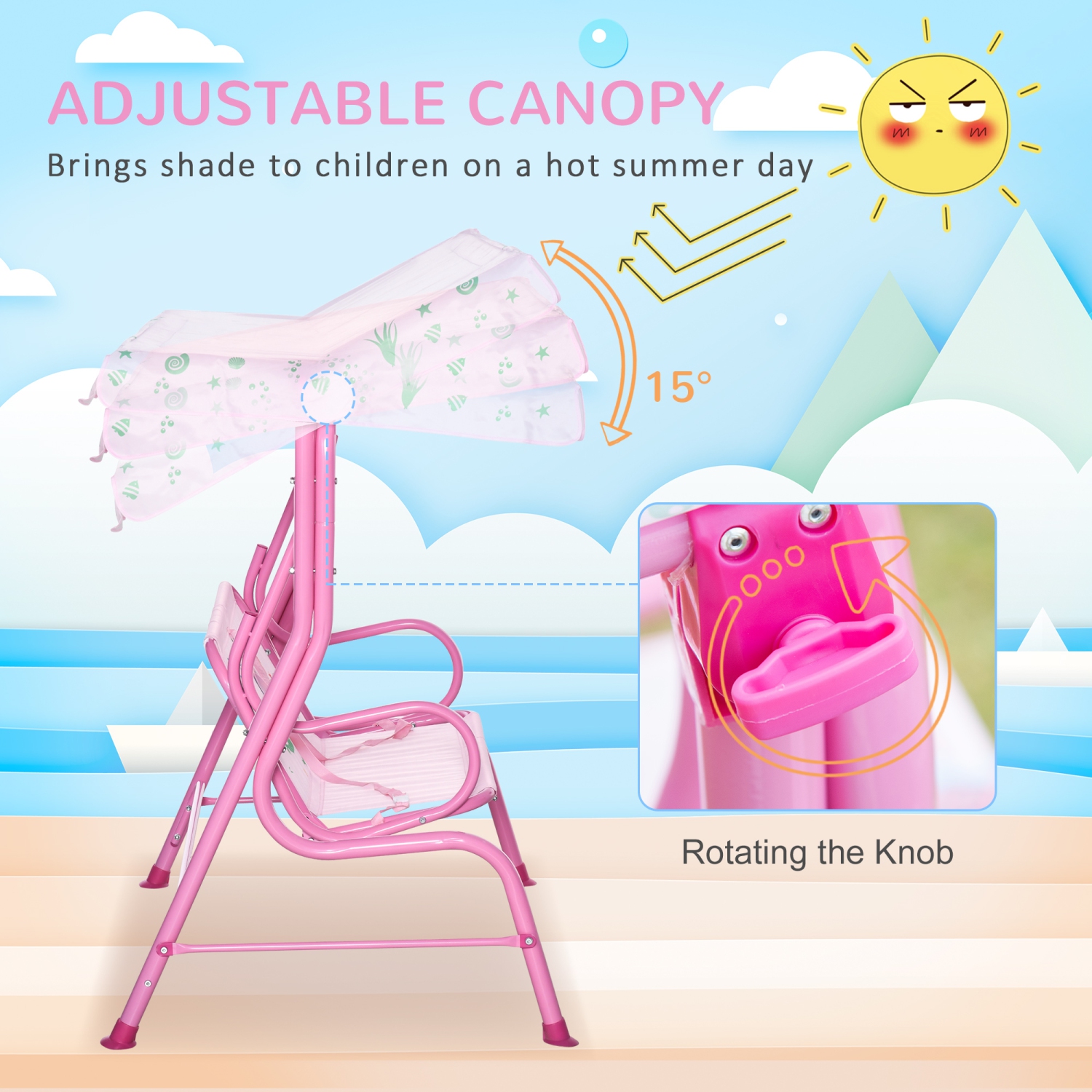 Outsunny 2-Seat Kids Swing Chair, Children Outdoor Patio Lounge Chair with Canopy, for Garden Porch, with Adjustable Awning, Seat Belt, Mermaid