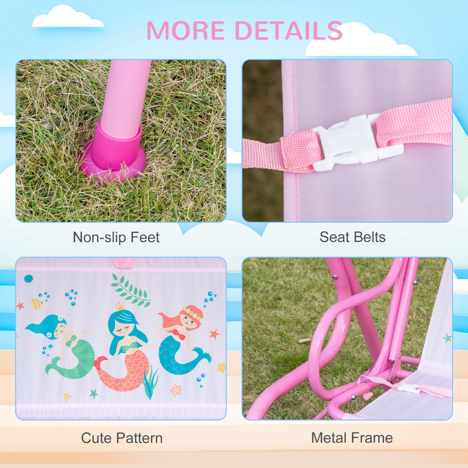 Outsunny 2-Seat Kids Swing Chair, Children Outdoor Patio Lounge Chair with Canopy, for Garden Porch, with Adjustable Awning, Seat Belt, Mermaid