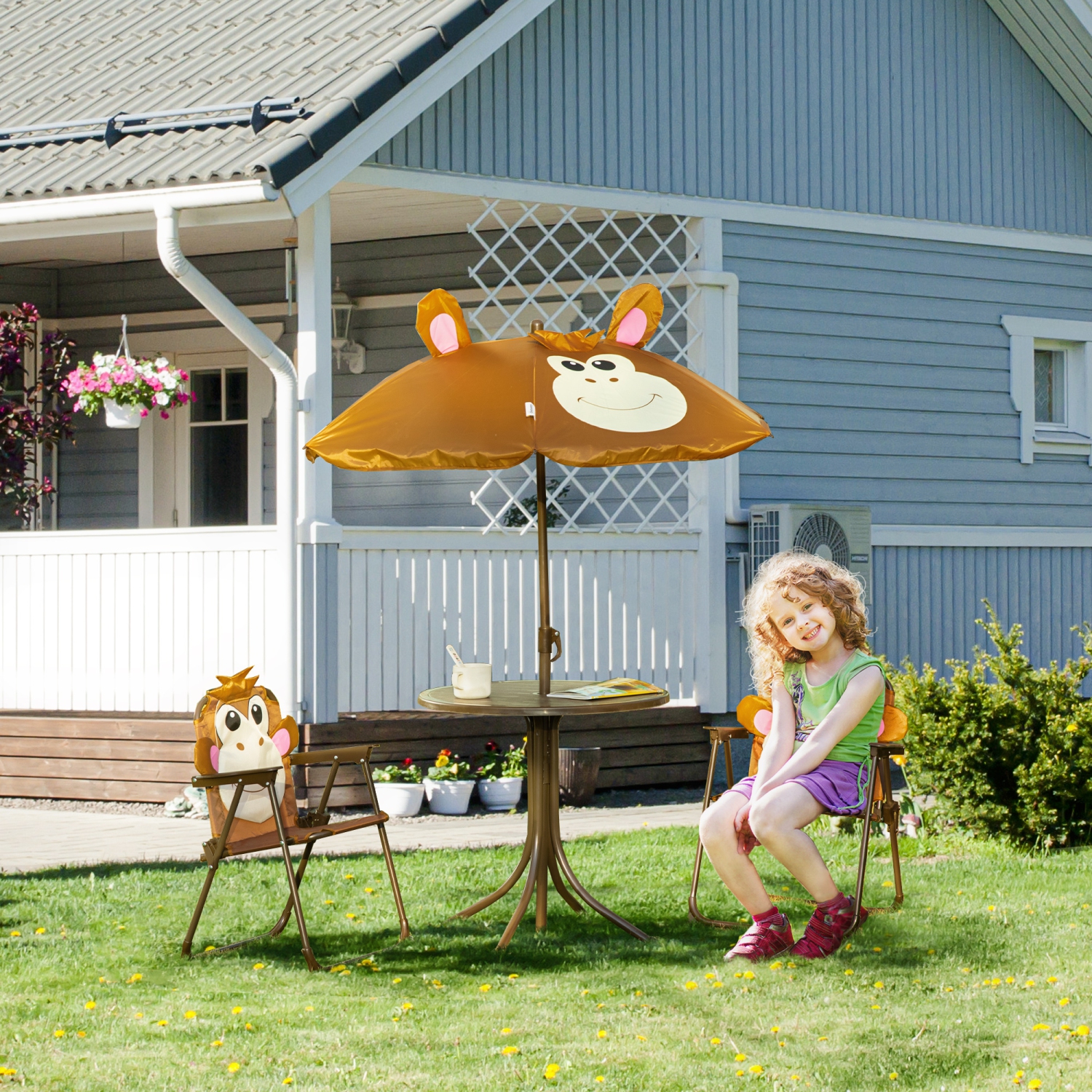 Table de pique-nique pliante et chaises d'extérieur motif jardin d'Outsunny Kids avec parasol amovible et à hauteur réglable brun