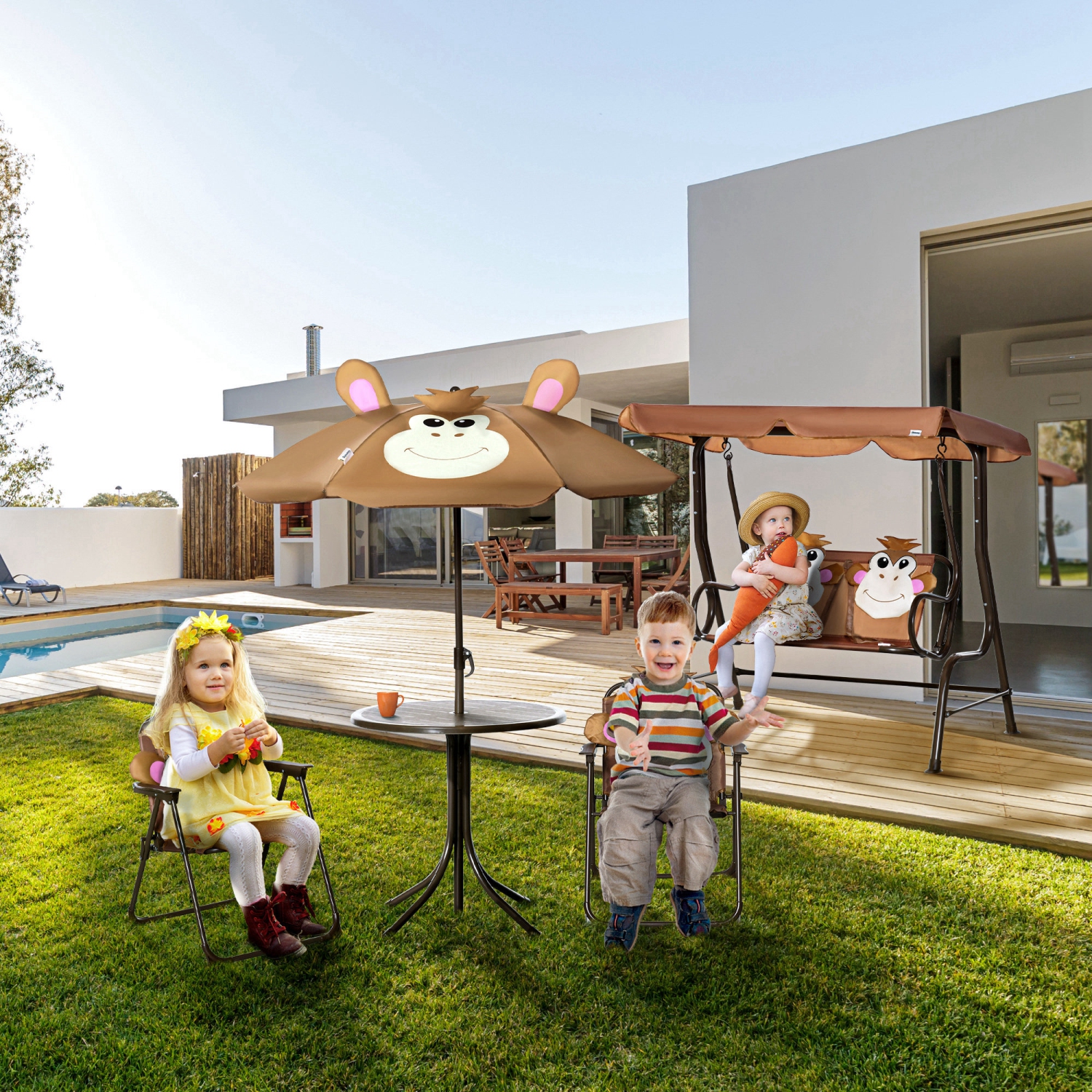 Table de pique-nique pliante et chaises d'extérieur motif jardin d'Outsunny Kids avec parasol amovible et à hauteur réglable brun