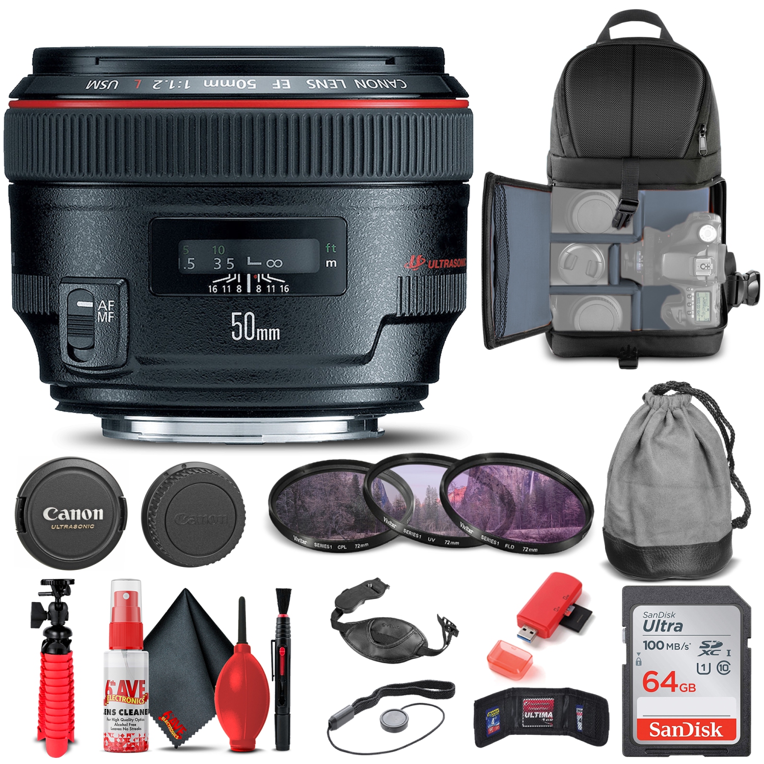 Canon EF 50mm f/1.2L USM Lens (1257B002) + Filter + BackPack + 