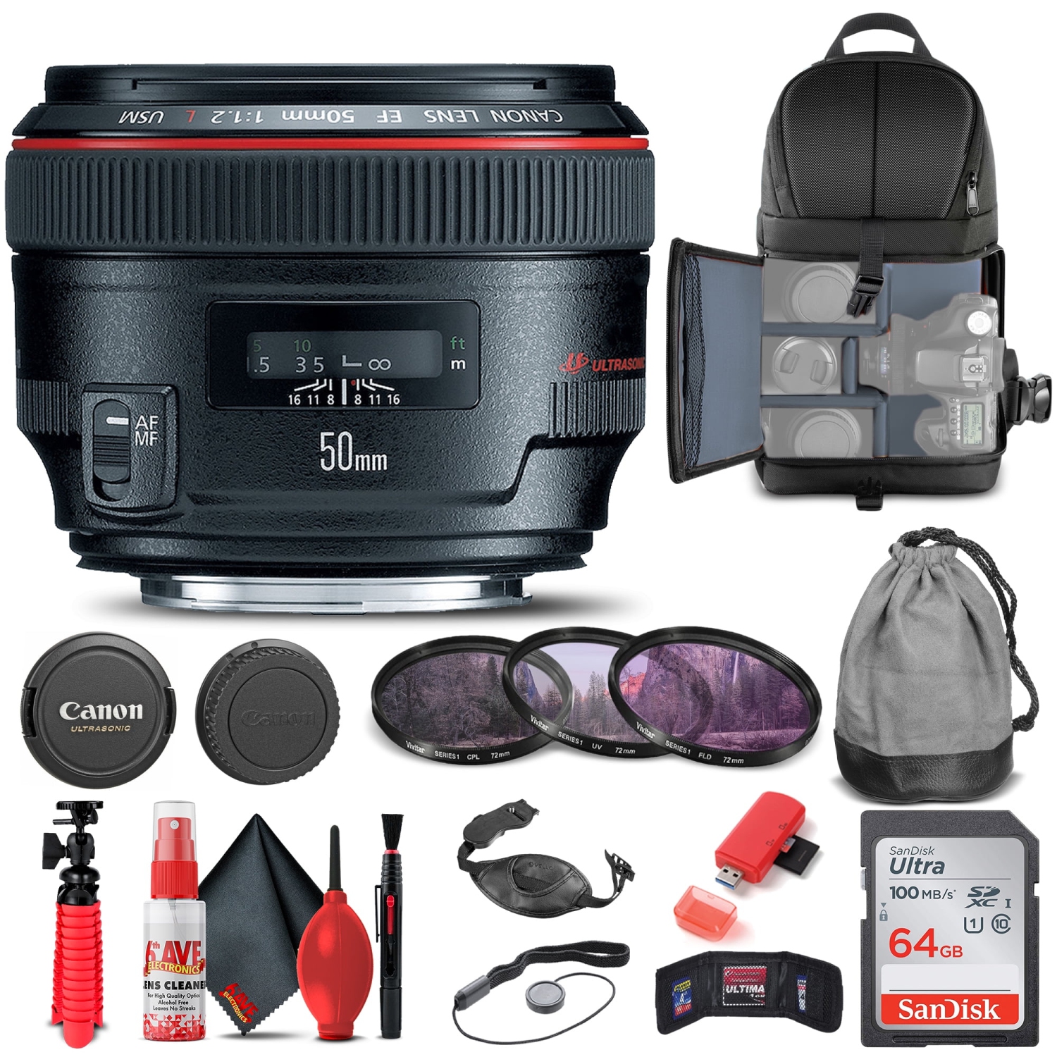 Canon EF 50mm f/1.2L USM Lens + Filter + BackPack + 64GB Card + More