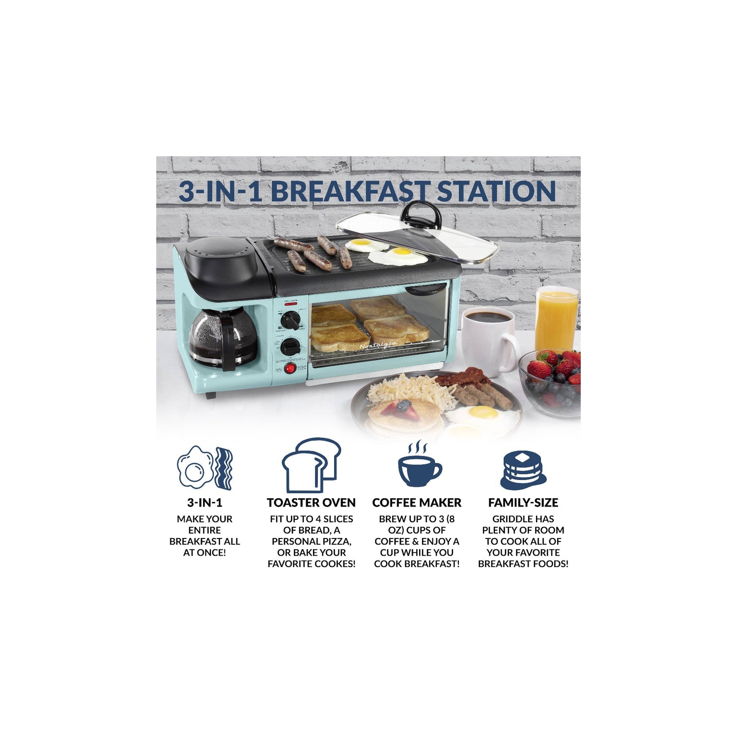 Nostalgia Retro 3-in-1 Family Size Breakfast Station, Aqua