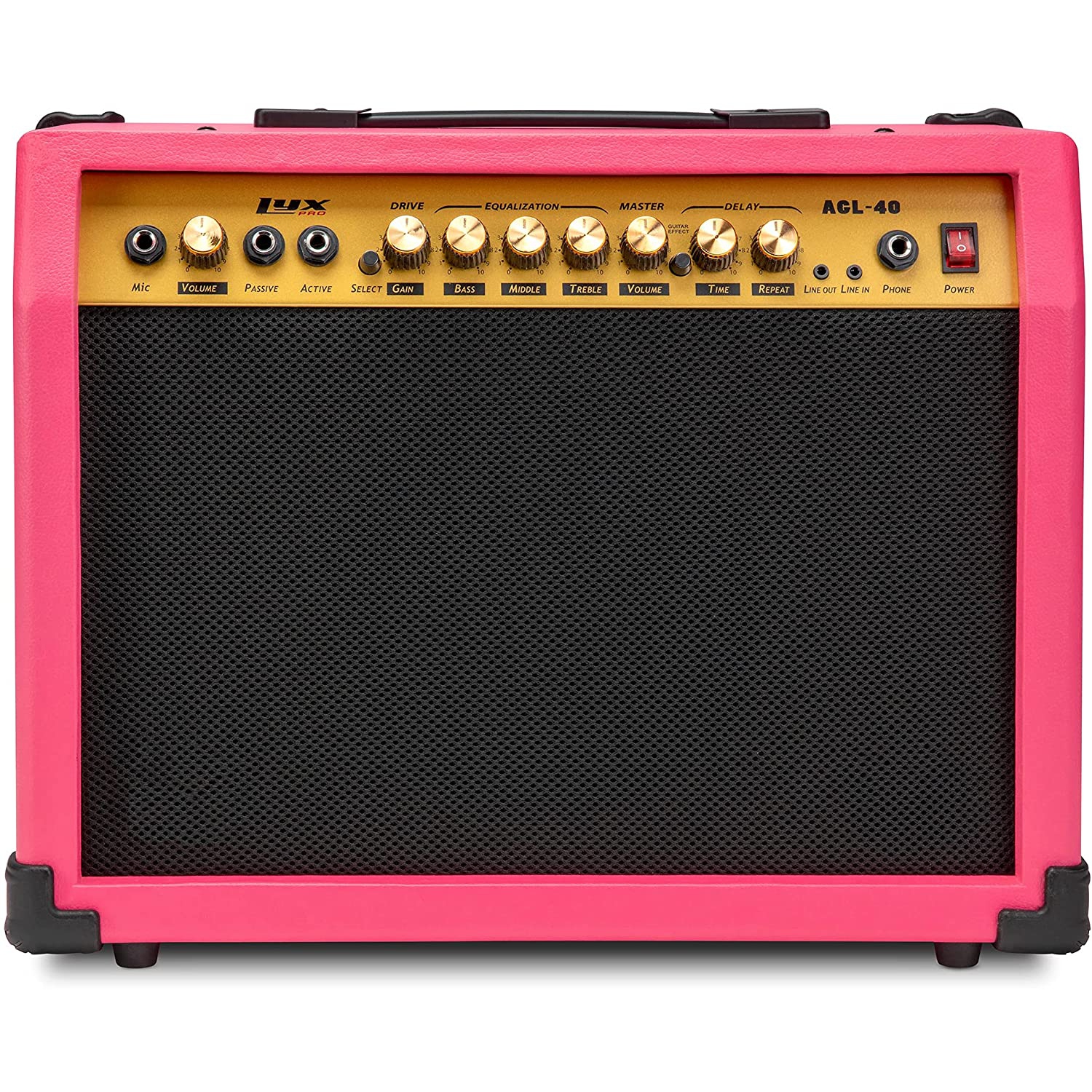 LyxPro 40 Watt Electric Guitar Amplifier | Combo Solid State Studio Amp with 8” 4-Ohm Speaker, Custom EQ Controls, Drive, Delay, ¼” Passive/Active/Microphone Inputs, Aux In & Headphone Jack - Pink