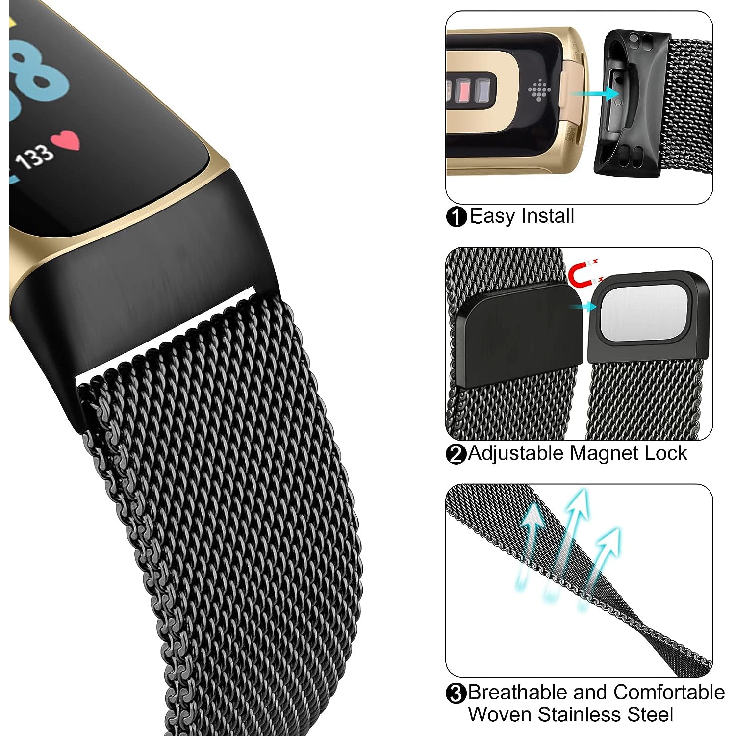 Stainless Steel Mesh Loop Adjustable Magnetic Wristband Strap Replacement for Fitbit Charge 5