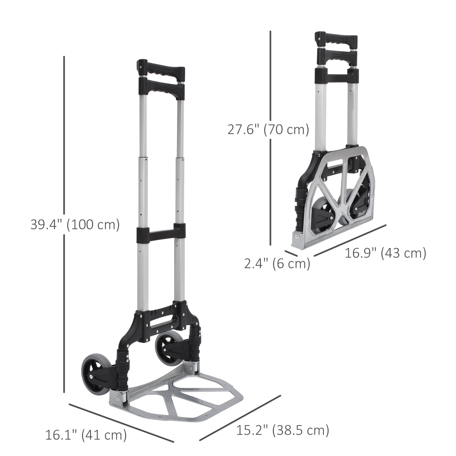 HOMCOM Folding Hand Truck and Dolly with 2 Wheels for Moving, Heavy Duty Luggage Handcart, Aluminum Box Cart with 3 Level Adjustable Telescoping