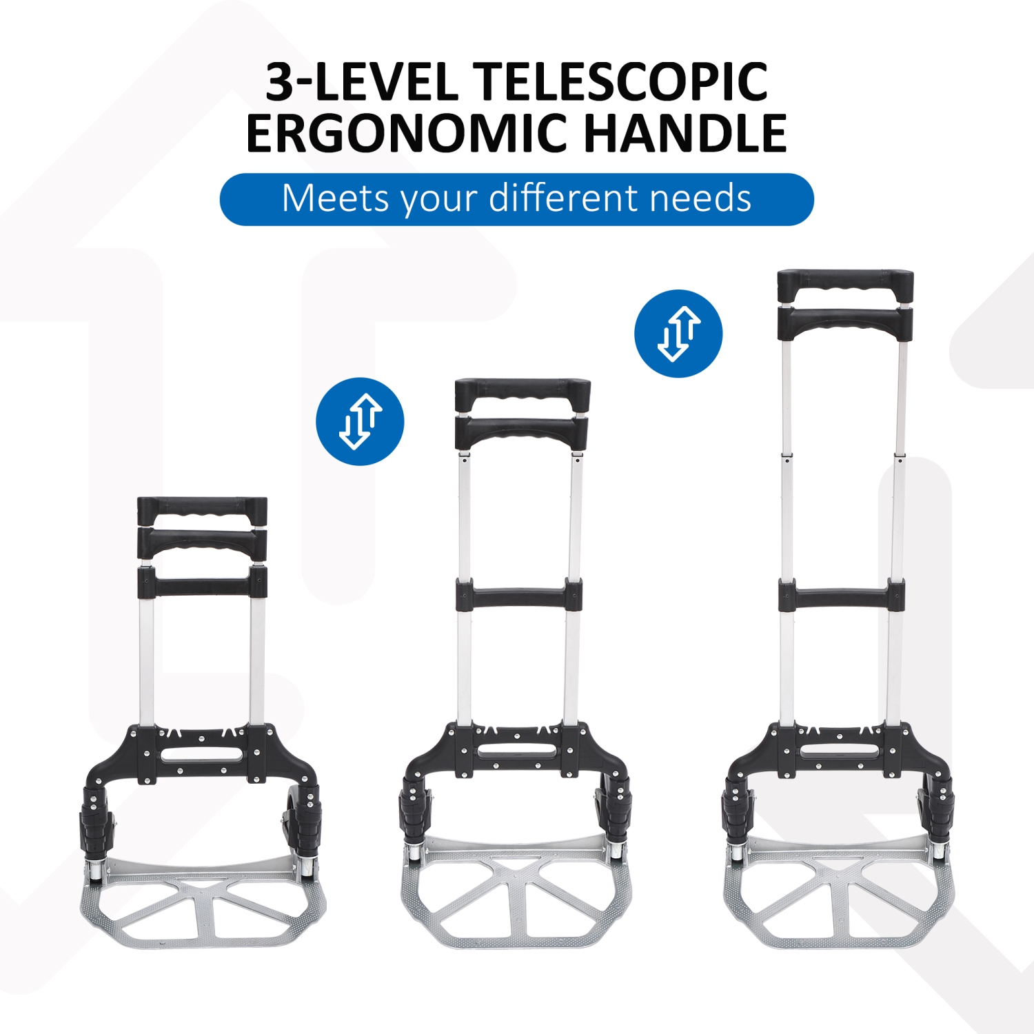 HOMCOM Folding Hand Truck and Dolly with 2 Wheels for Moving, Heavy Duty Luggage Handcart, Aluminum Box Cart with 3 Level Adjustable Telescoping