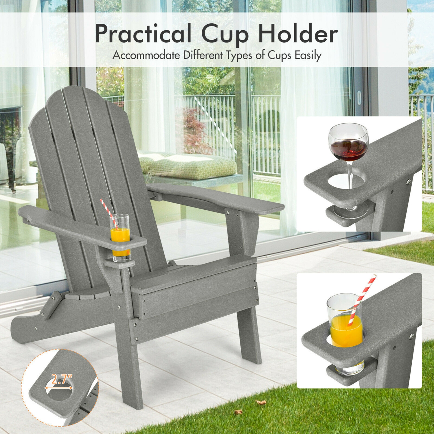 Gymax 2PCS Patio Folding Adirondack Chair Weather Resistant Cup Holder Yard