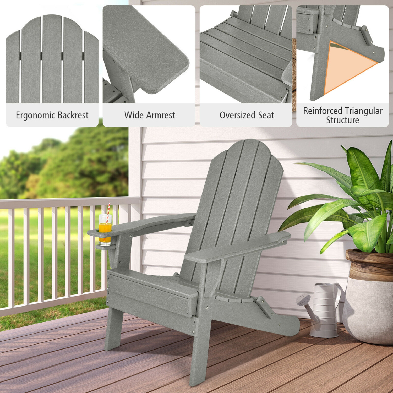 Gymax 2PCS Patio Folding Adirondack Chair Weather Resistant Cup Holder Yard