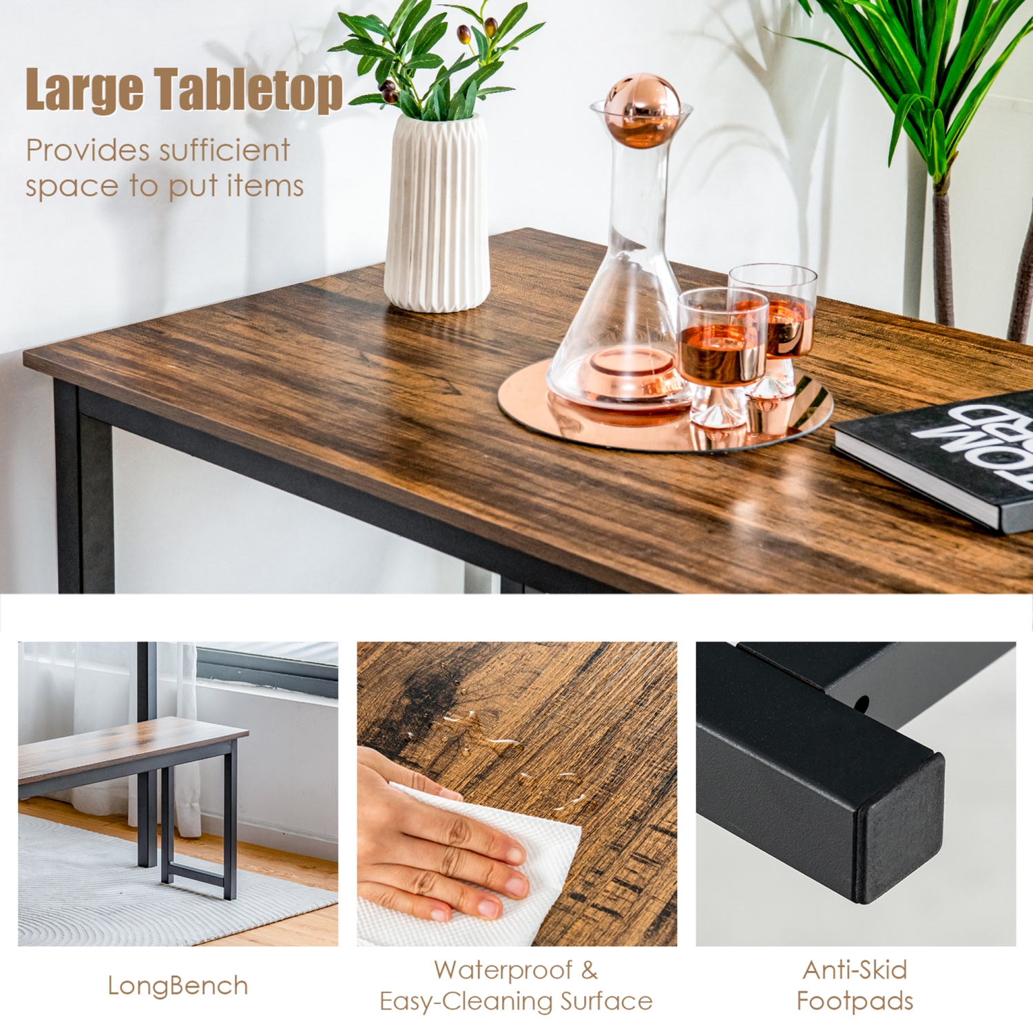 Ensemble de 3 bancs de table modernes Gymax avec cadre en métal et table en bois