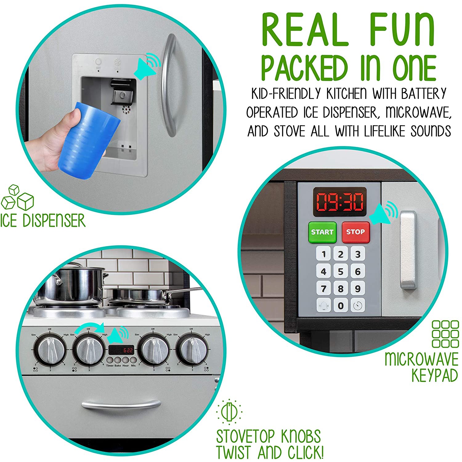 Jumbl Pretend Wooden Play Kitchen Toy Set, Realistic Design with Interactive Battery Operated Sound Elements, Microwave, Ice Machine, Chalkboard,