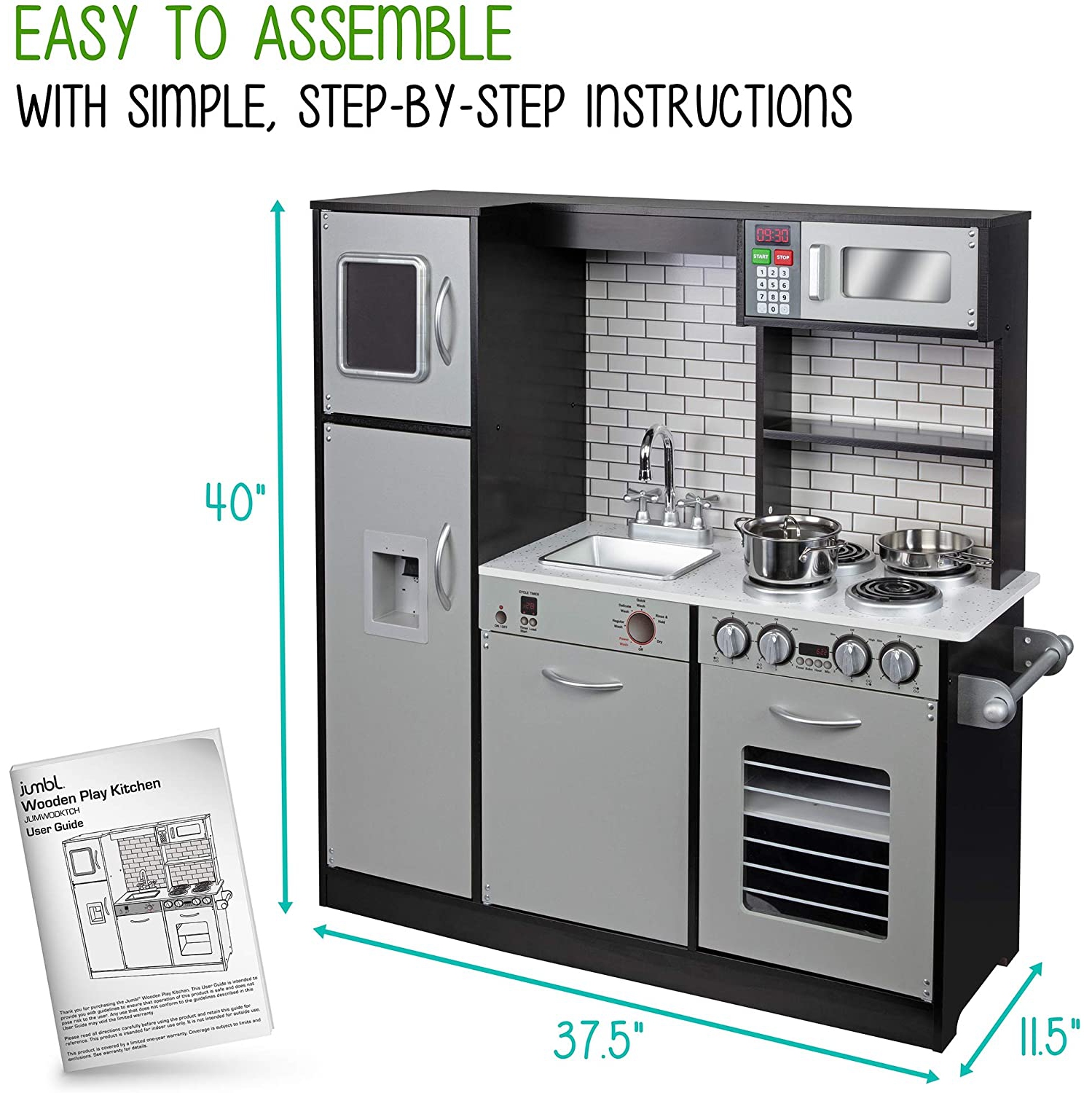 Jumbl Pretend Wooden Play Kitchen Toy Set, Realistic Design with Interactive Battery Operated Sound Elements, Microwave, Ice Machine, Chalkboard,