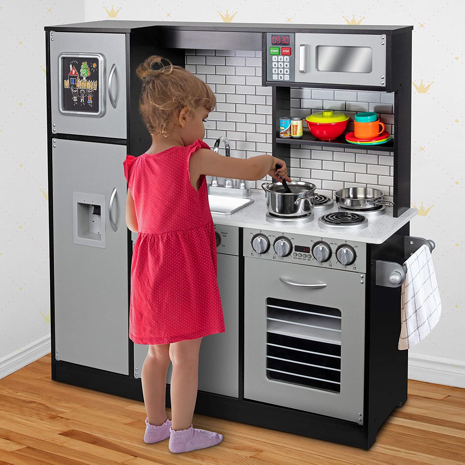 Jumbl Pretend Wooden Play Kitchen Toy Set, Realistic Design with Interactive Battery Operated Sound Elements, Microwave, Ice Machine, Chalkboard,