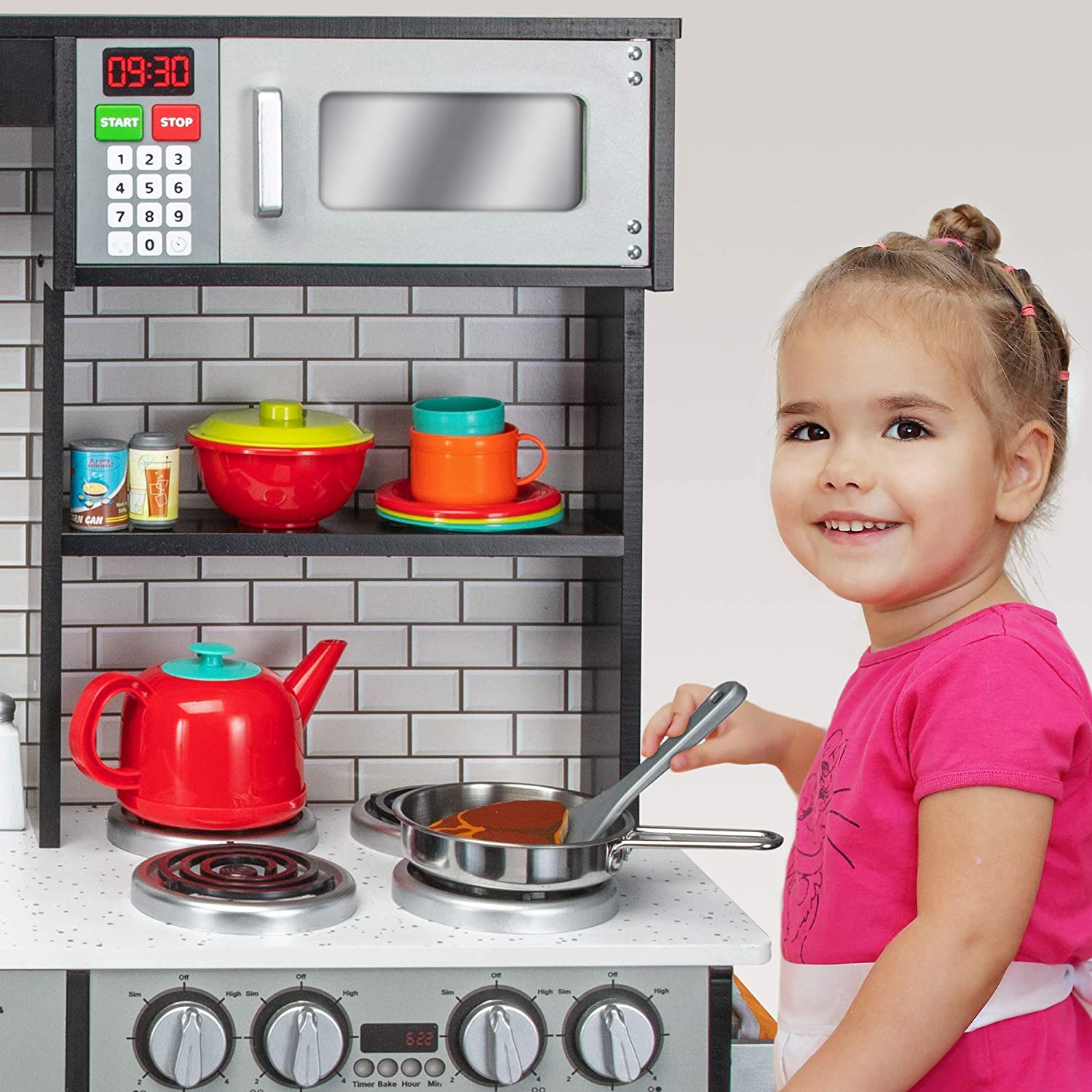 Jumbl Pretend Wooden Play Kitchen Toy Set, Realistic Design with Interactive Battery Operated Sound Elements, Microwave, Ice Machine, Chalkboard,