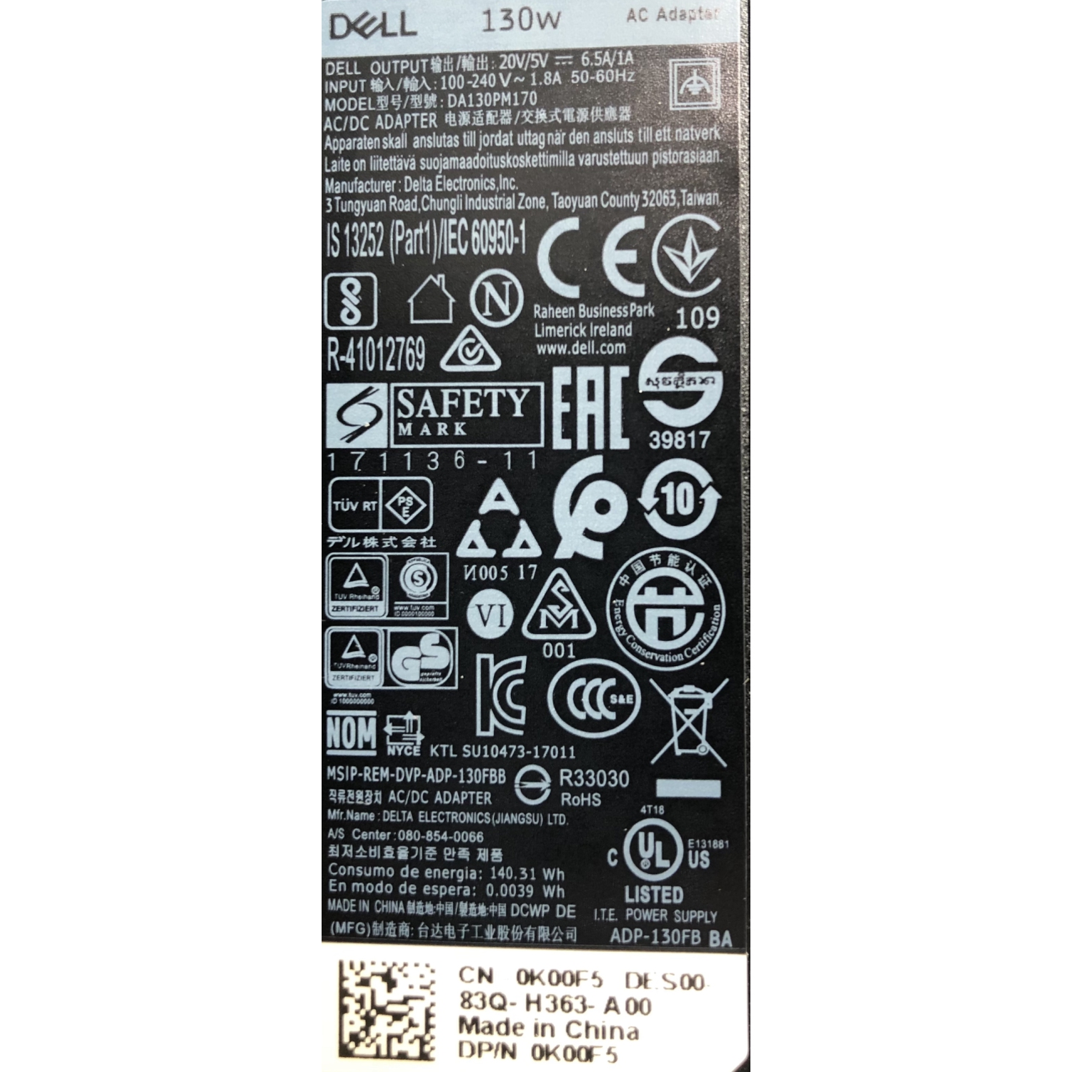 Dell 130W USB type C pin charger DA130PM170, 0K00F5 for Dell Precision, Vostro, Latitude, xps and Studio