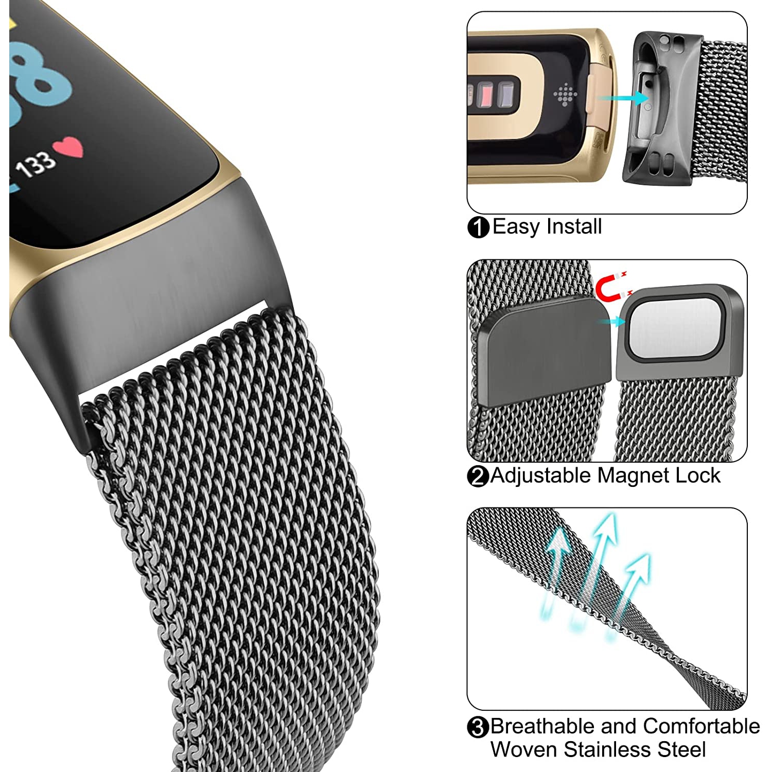 Stainless Steel Mesh Loop Adjustable Magnetic Wristband Strap