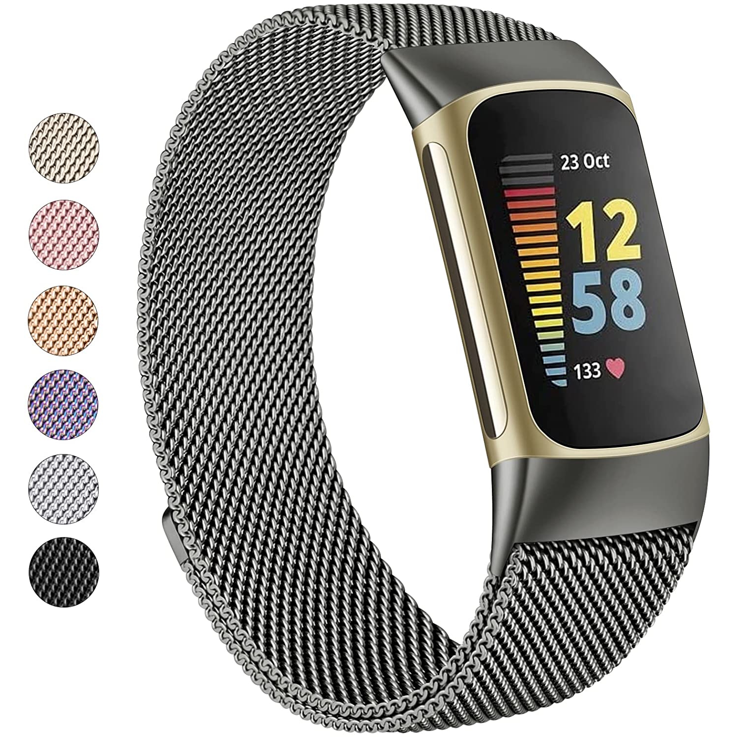 Stainless Steel Mesh Loop Adjustable Magnetic Wristband Strap Replacement for Fitbit Charge 5