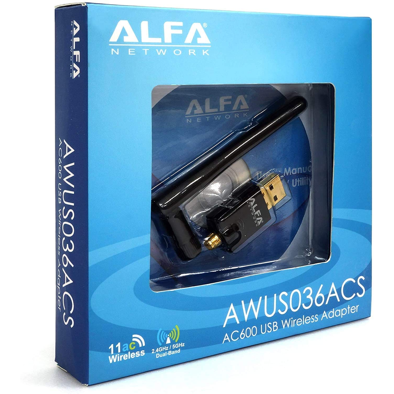 Alfa AWUS036ACS 802.11ac AC600 Wi-Fi Wireless Network Adapter - Wide-Coverage External USB Adapter w/ 2.4GHz & 5GHz Dual-Band Antenna, Compact Design