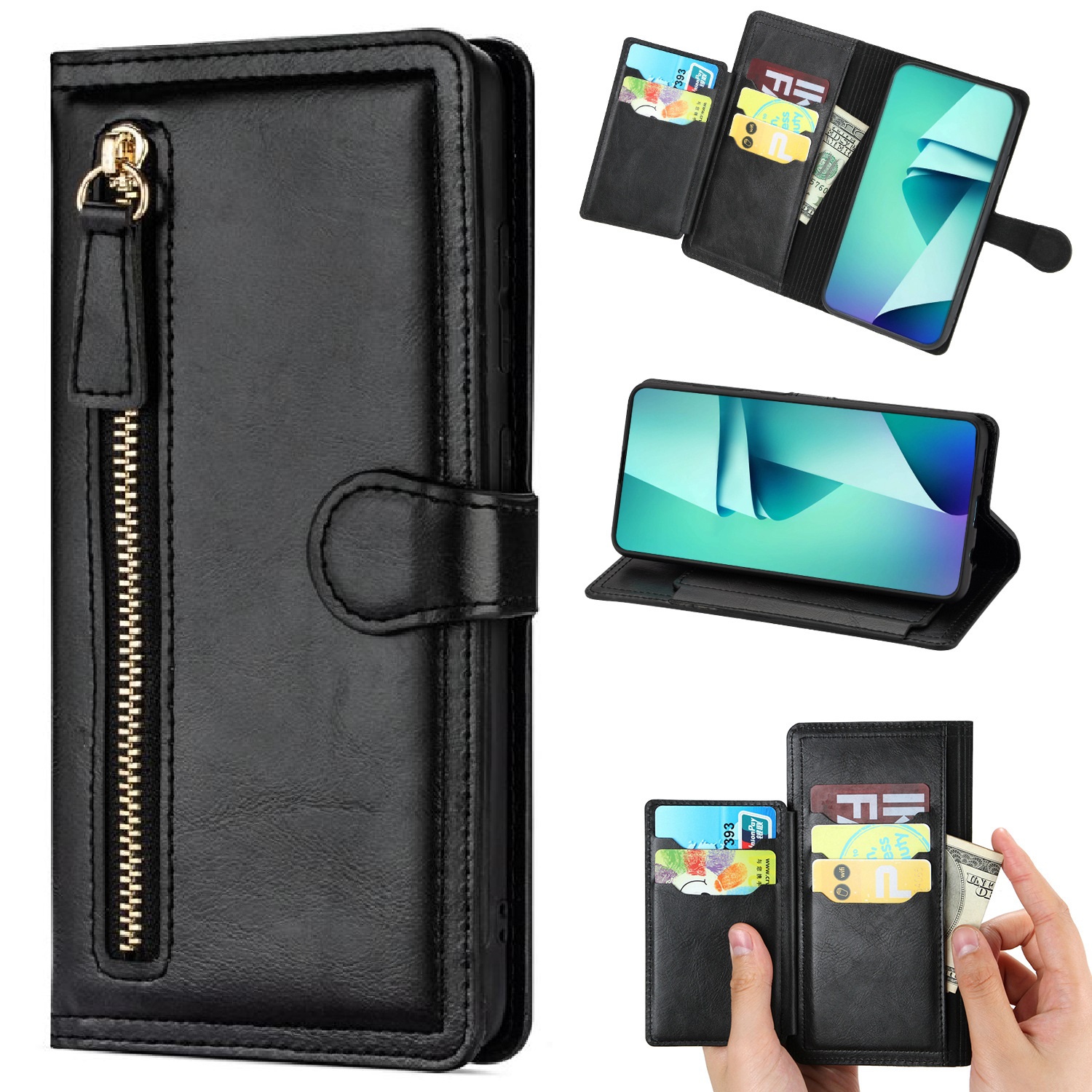 PIERO Leather Zipper Wallet Case Flip Card Holder Stand Phone Cover Premium Leather Flip Cover for Samsung Galaxy S22 ULTRA -Black (FREE SHIPPING)