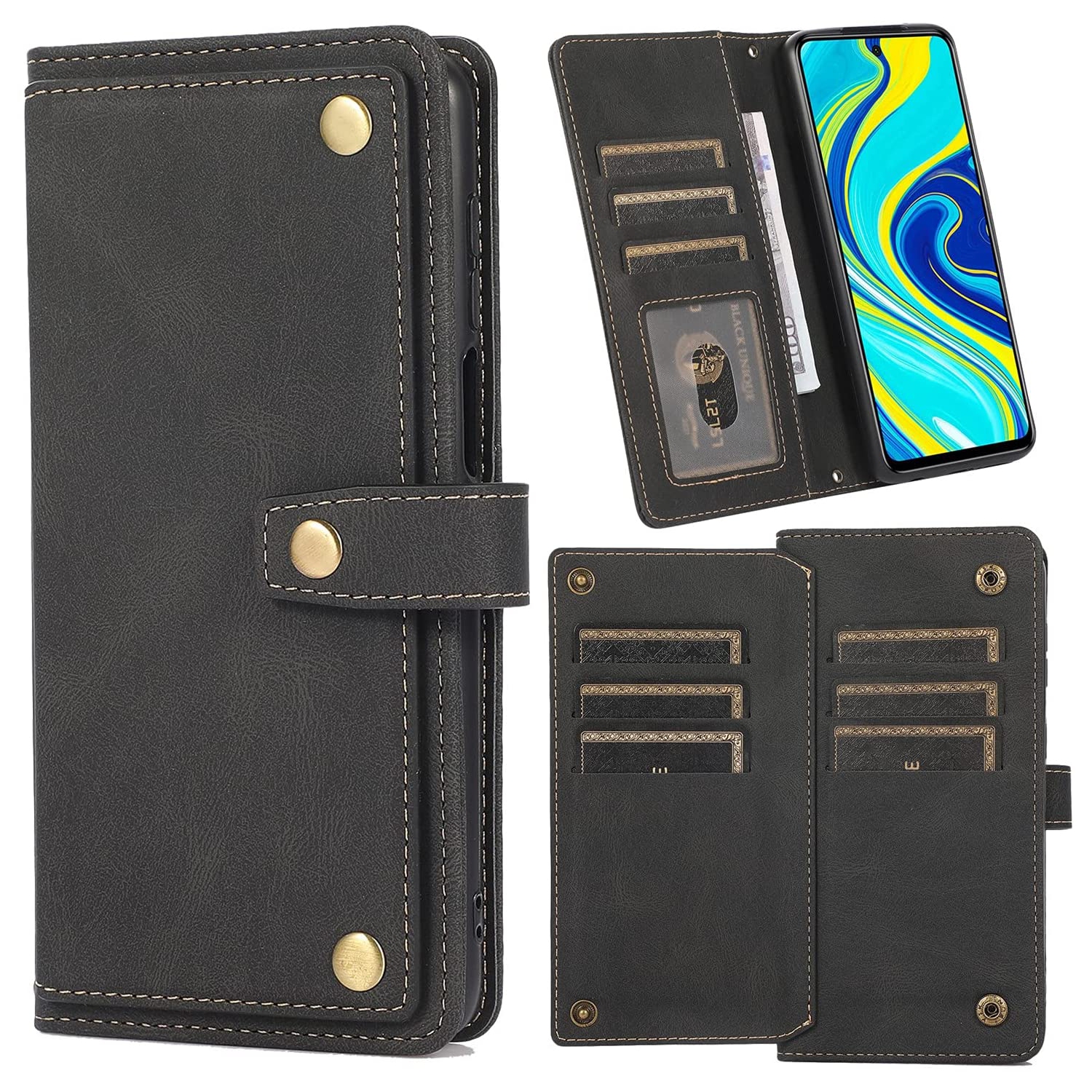 Loris & Case Retro Flip Wallet Case with 9 Card Slots Kickstand PU Leather Folio Wrist Strap Purse Phone Cover for iPhone 13 PRO -Black