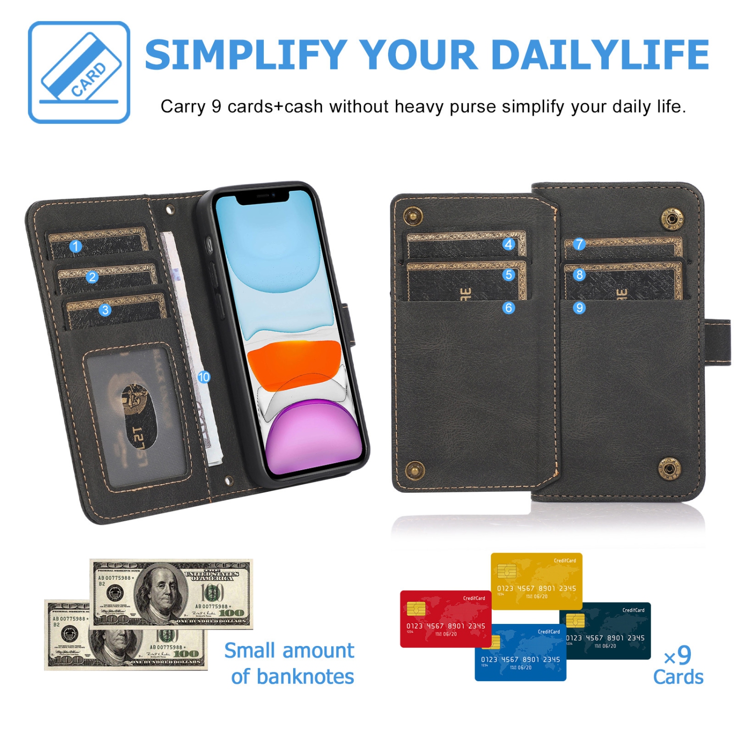 Loris & Case Retro Flip Wallet Case with 9 Card Slots Kickstand PU Leather Folio Wrist Strap Purse Phone Cover for iPhone 13 PRO -Black