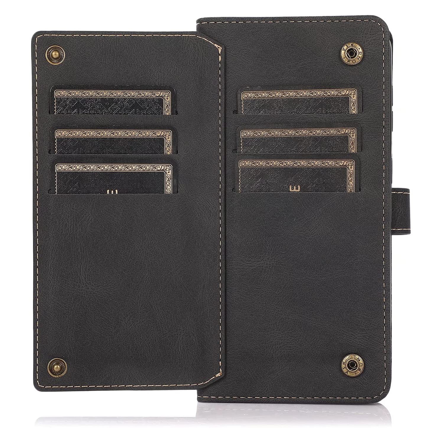 Loris & Case Retro Flip Wallet Case with 9 Card Slots Kickstand PU Leather Folio Wrist Strap Purse Phone Cover for iPhone 13 PRO -Black