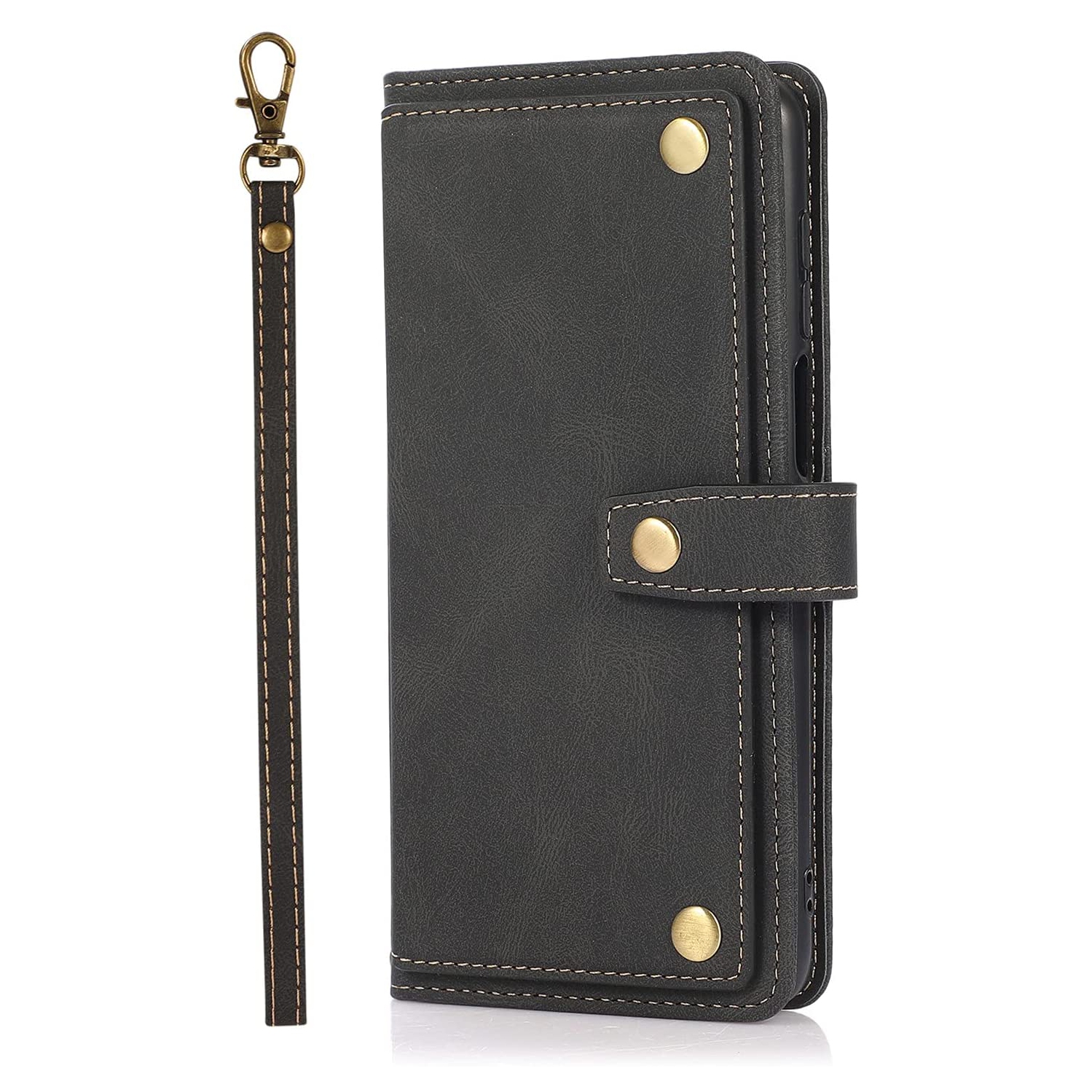 Loris & Case Retro Flip Wallet Case with 9 Card Slots Kickstand PU Leather Folio Wrist Strap Purse Phone Cover for iPhone 13 PRO -Black