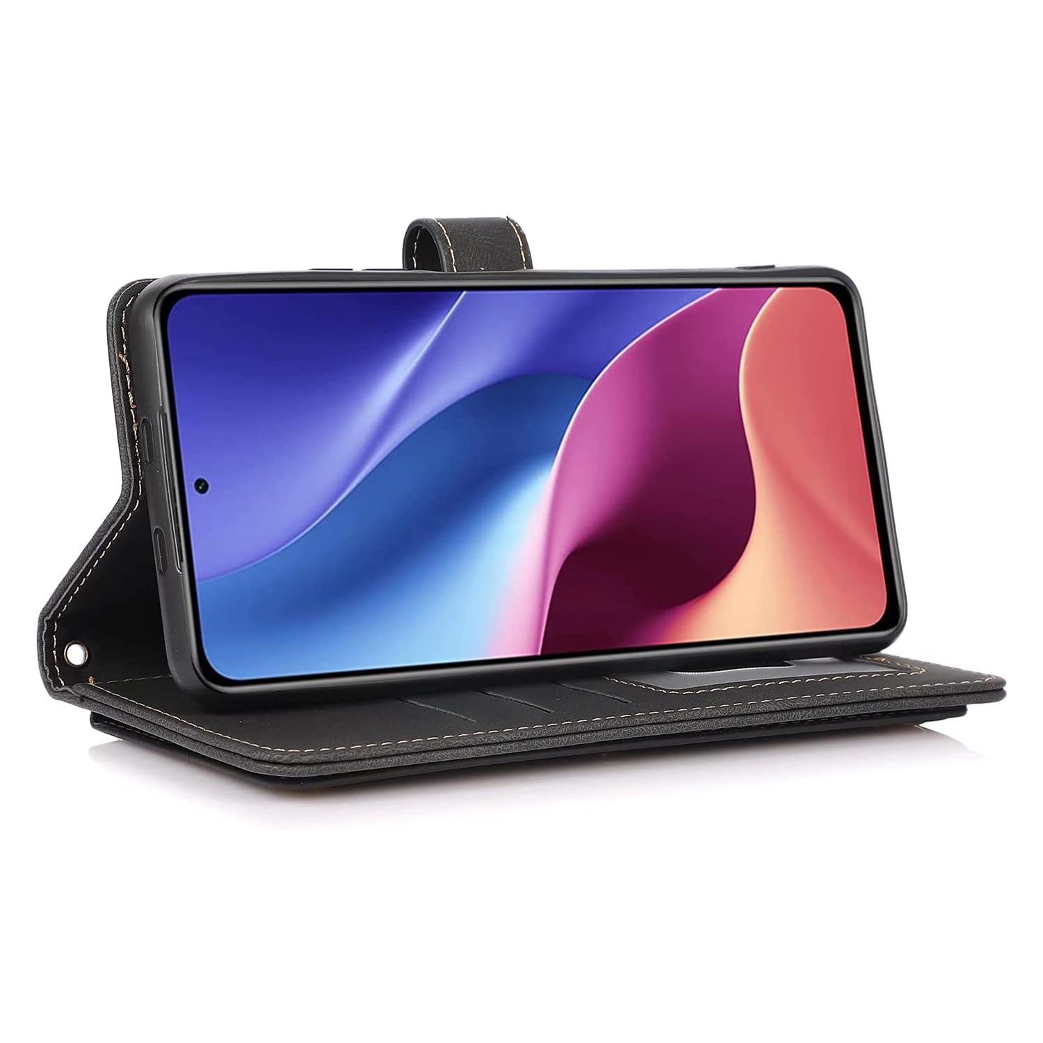 Loris & Case Retro Flip Wallet Case with 9 Card Slots Kickstand PU Leather Folio Wrist Strap Purse Phone Cover for iPhone 13 PRO -Black