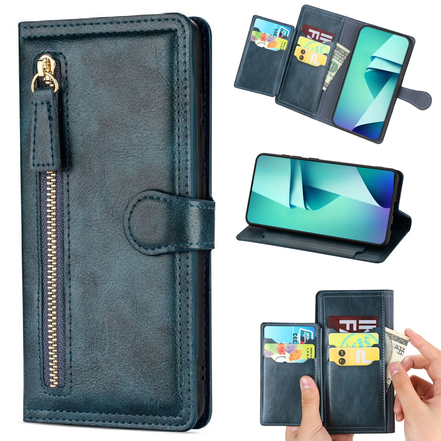 PIERO Leather Zipper Wallet Case Flip Card Holder Stand Phone Cover Premium Leather Flip Cover for Samsung Galaxy S22 -Cyan (FREE SHIPPING)