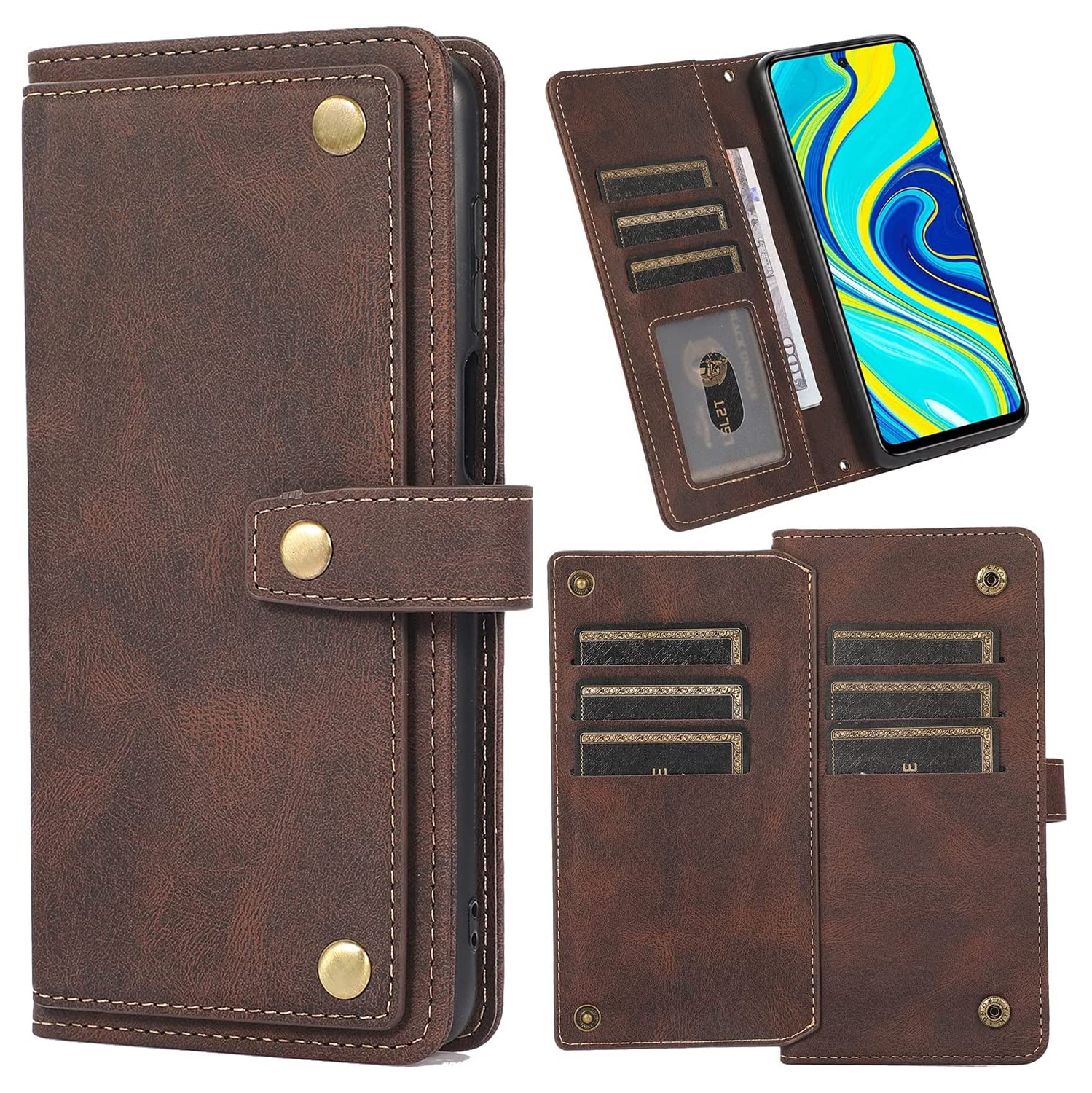 Loris & Case Retro Flip Wallet Case with 9 Card Slots Kickstand PU Leather Folio Wrist Strap Purse Phone Cover for Samsung Galaxy S22 PLUS -Brown (FREE SHIPPING)