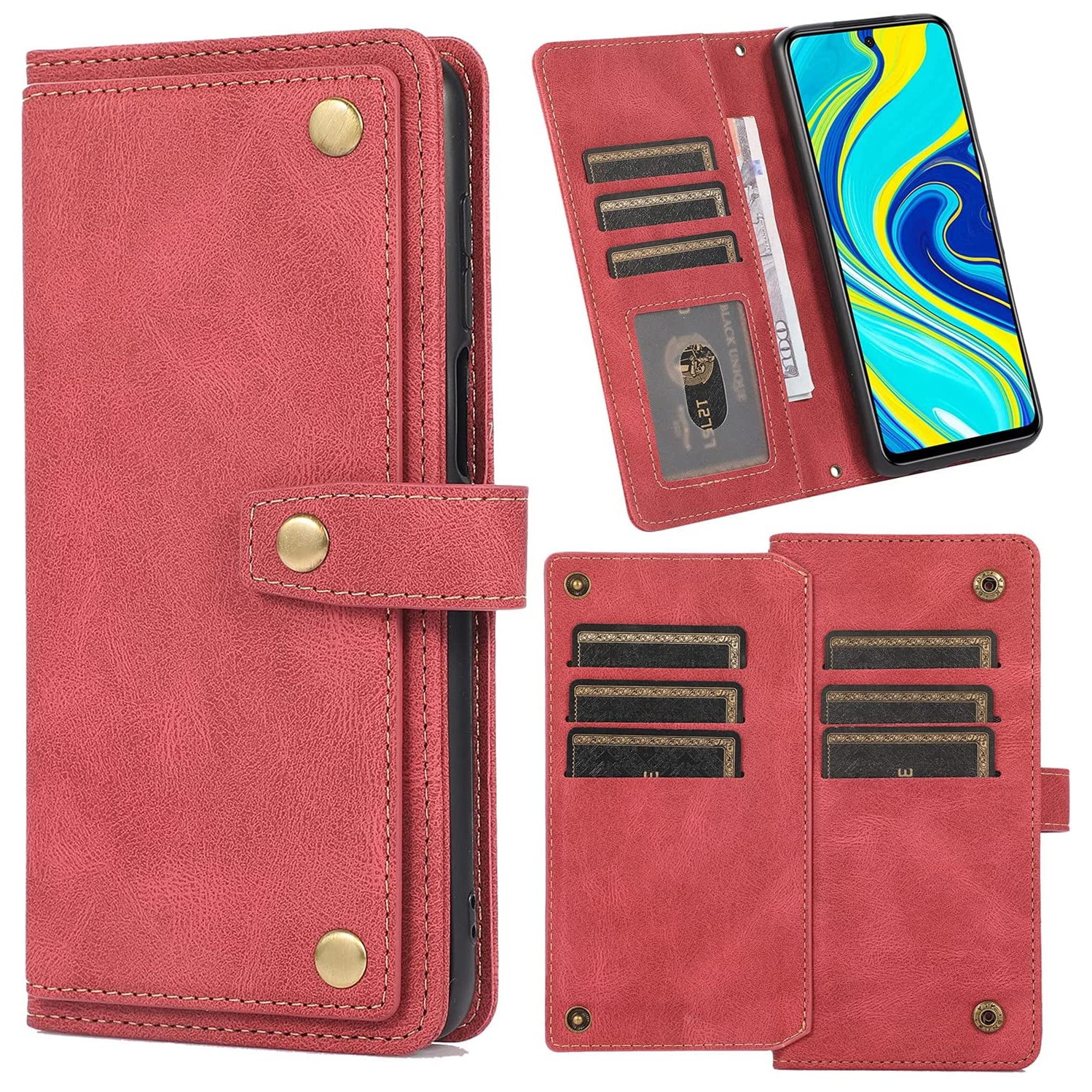 Loris & Case Retro Shockproof Flip Case Leather Wallet Case with 9 Card Slots Function Support, Magnetic Closure pour Samsung Galaxy S22 -Rouge