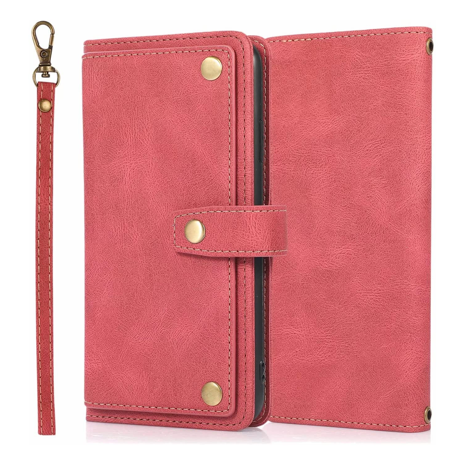 Loris & Case Retro Shockproof Flip Case Leather Wallet Case with 9 Card Slots Function Support, Magnetic Closure pour Samsung Galaxy S22 -Rouge