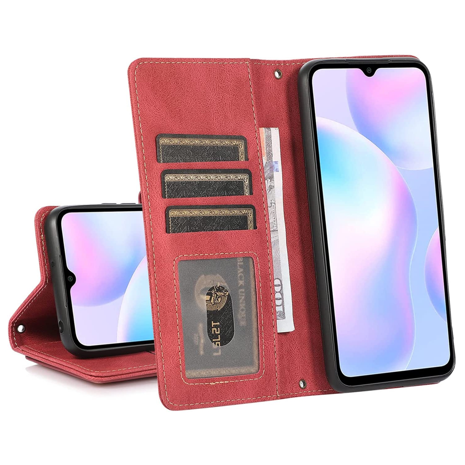 Loris & Case Retro Shockproof Flip Case Leather Wallet Case with 9 Card Slots Function Support, Magnetic Closure pour Samsung Galaxy S22 -Rouge