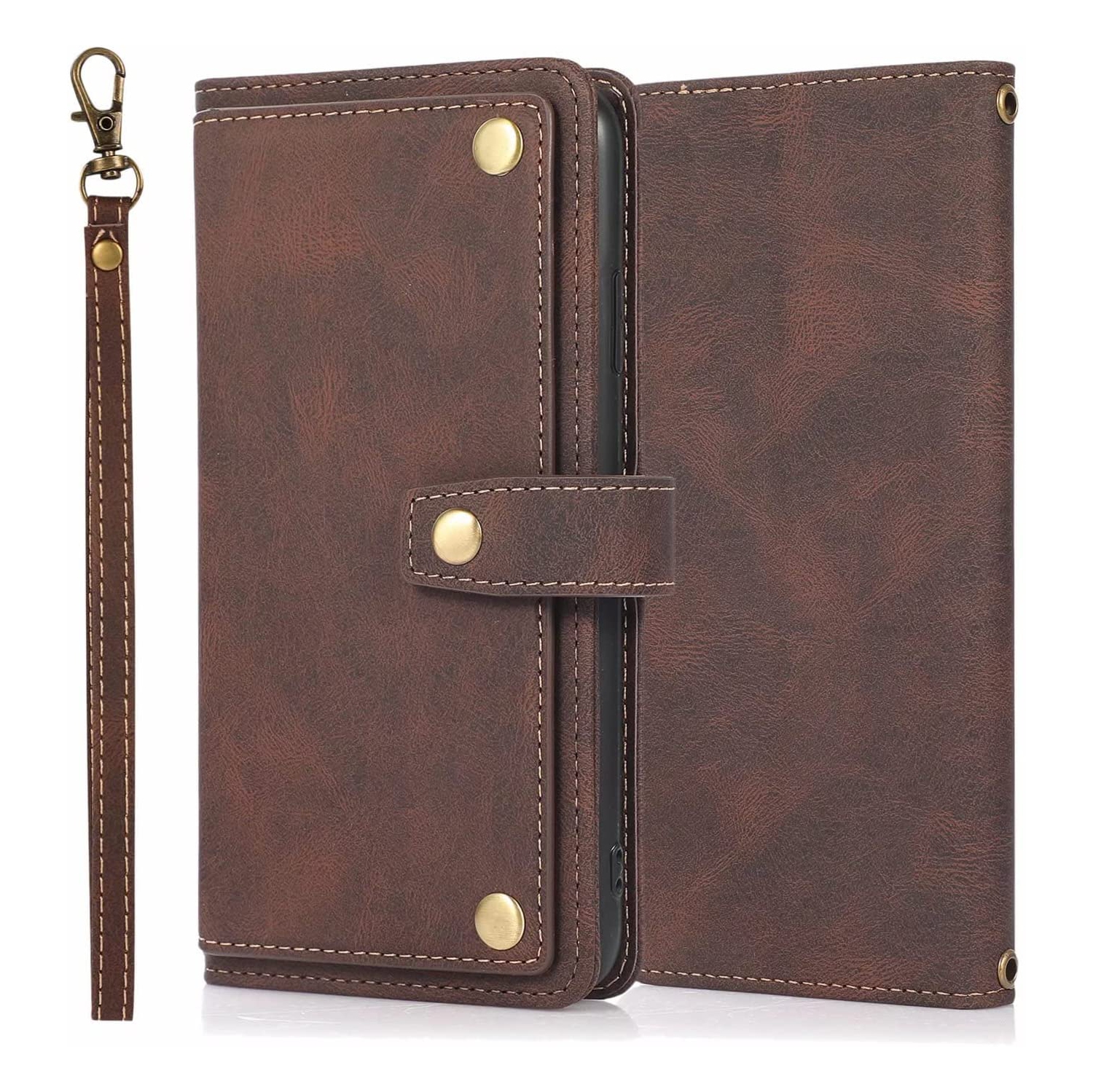 Loris & Case Retro Flip Wallet Case with 9 Card Slots Kickstand PU Leather Folio Wrist Strap Purse Phone Cover for Samsung Galaxy S22 ULTRA -Brown