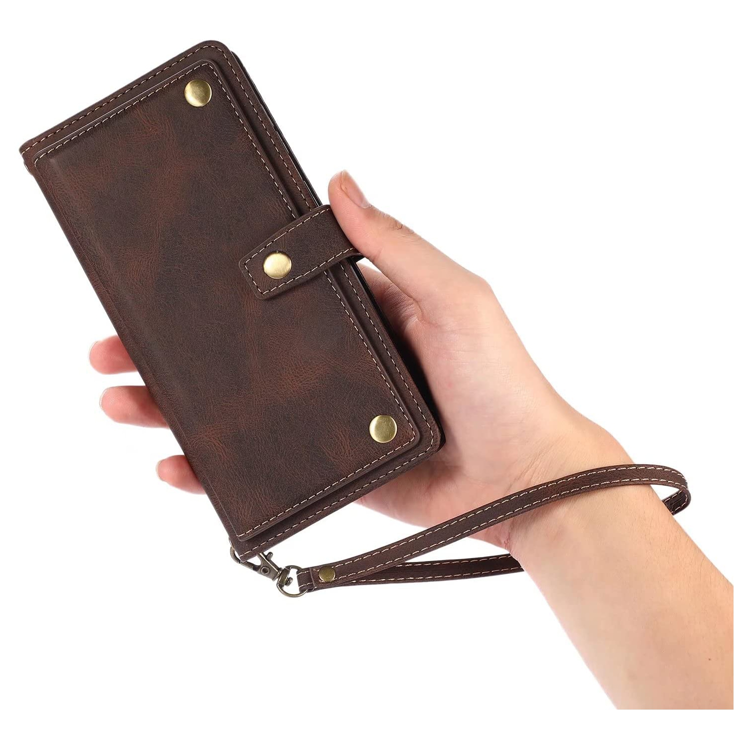 Loris & Case Retro Flip Wallet Case with 9 Card Slots Kickstand PU Leather Folio Wrist Strap Purse Phone Cover for Samsung Galaxy S22 ULTRA -Brown